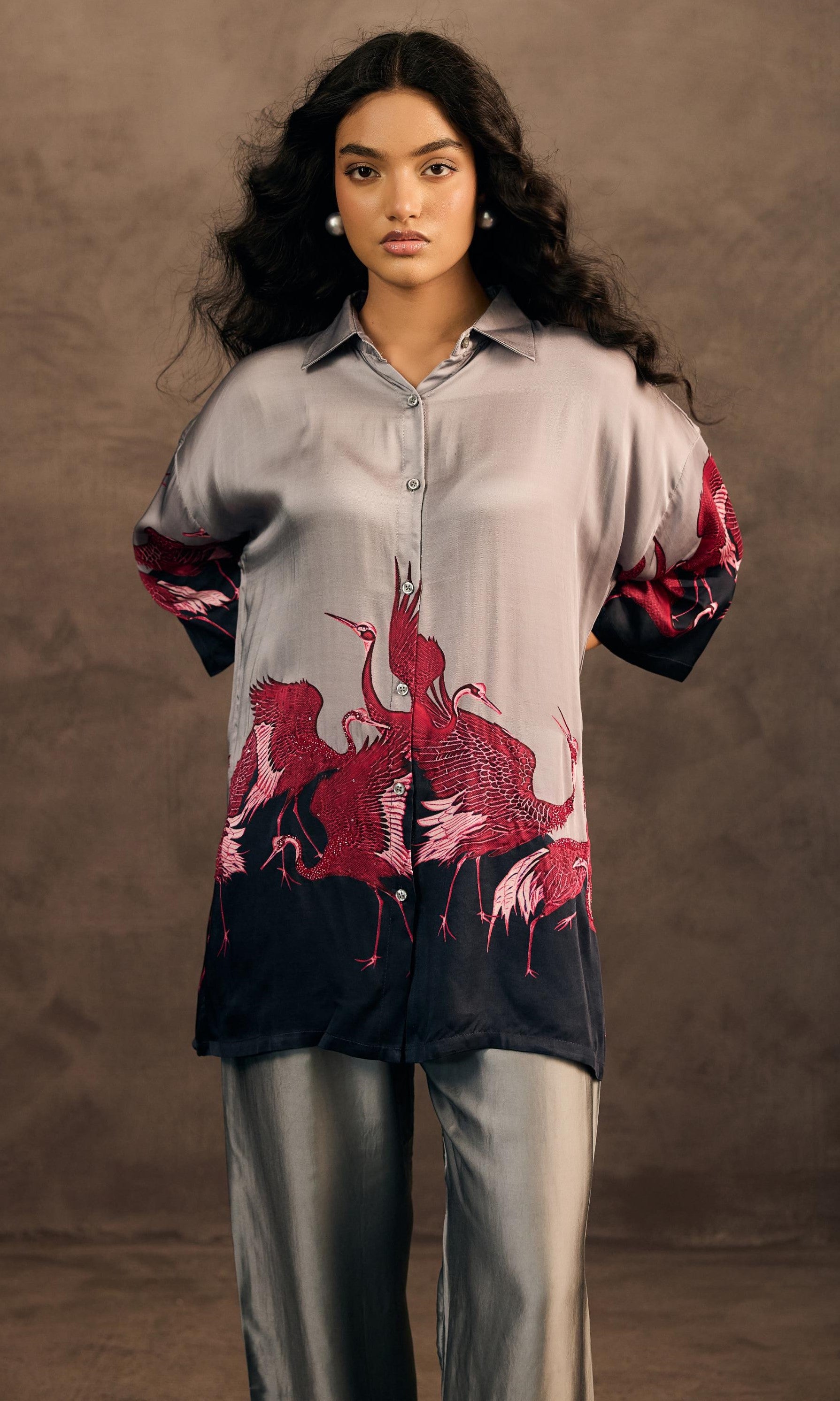 Cloud Mist Embellished Satin Silk Co-Ord Set