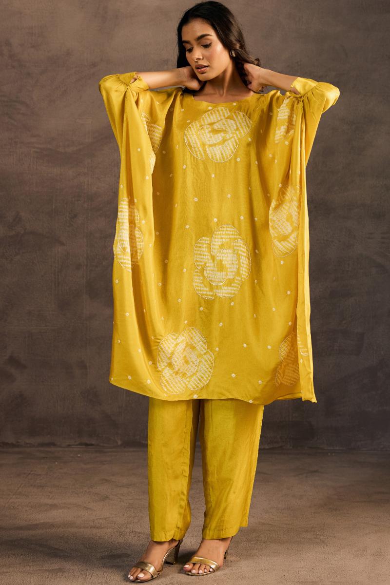 Glam Yellow Printed Premium Silk Kaftan Set