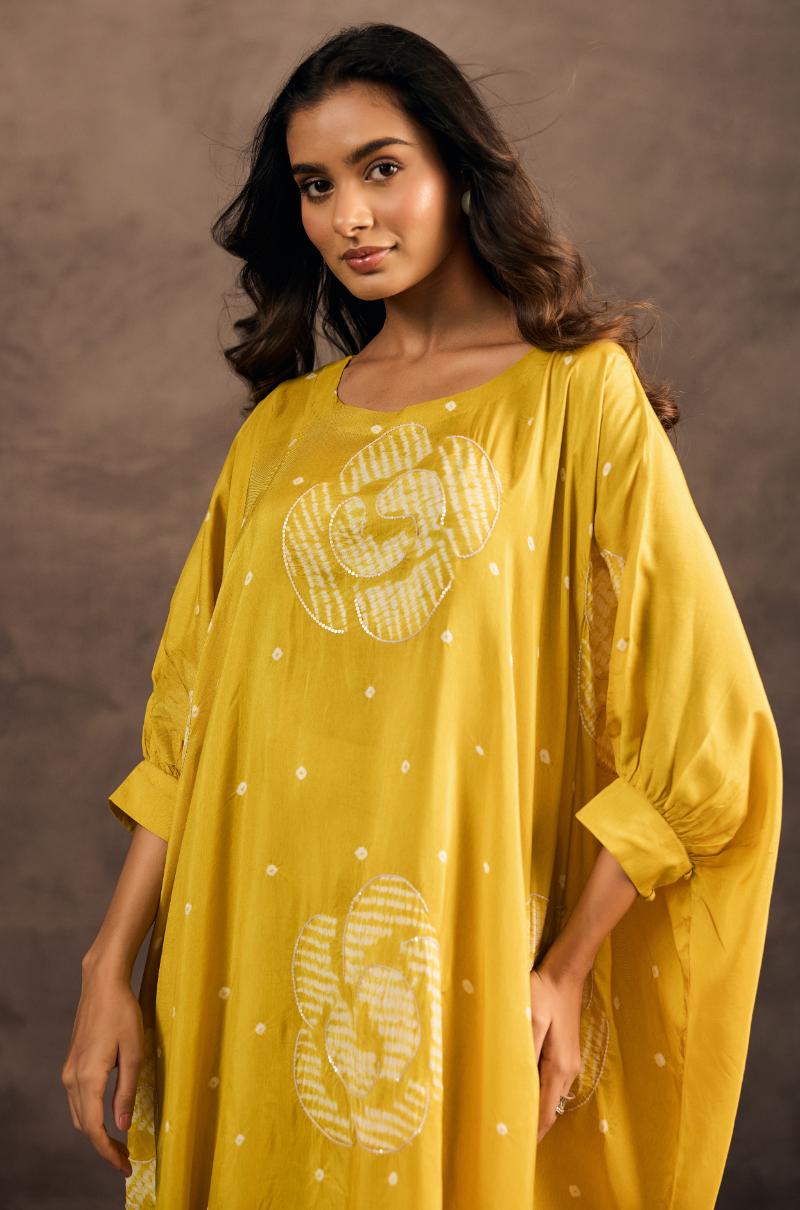 Glam Yellow Printed Premium Silk Kaftan Set