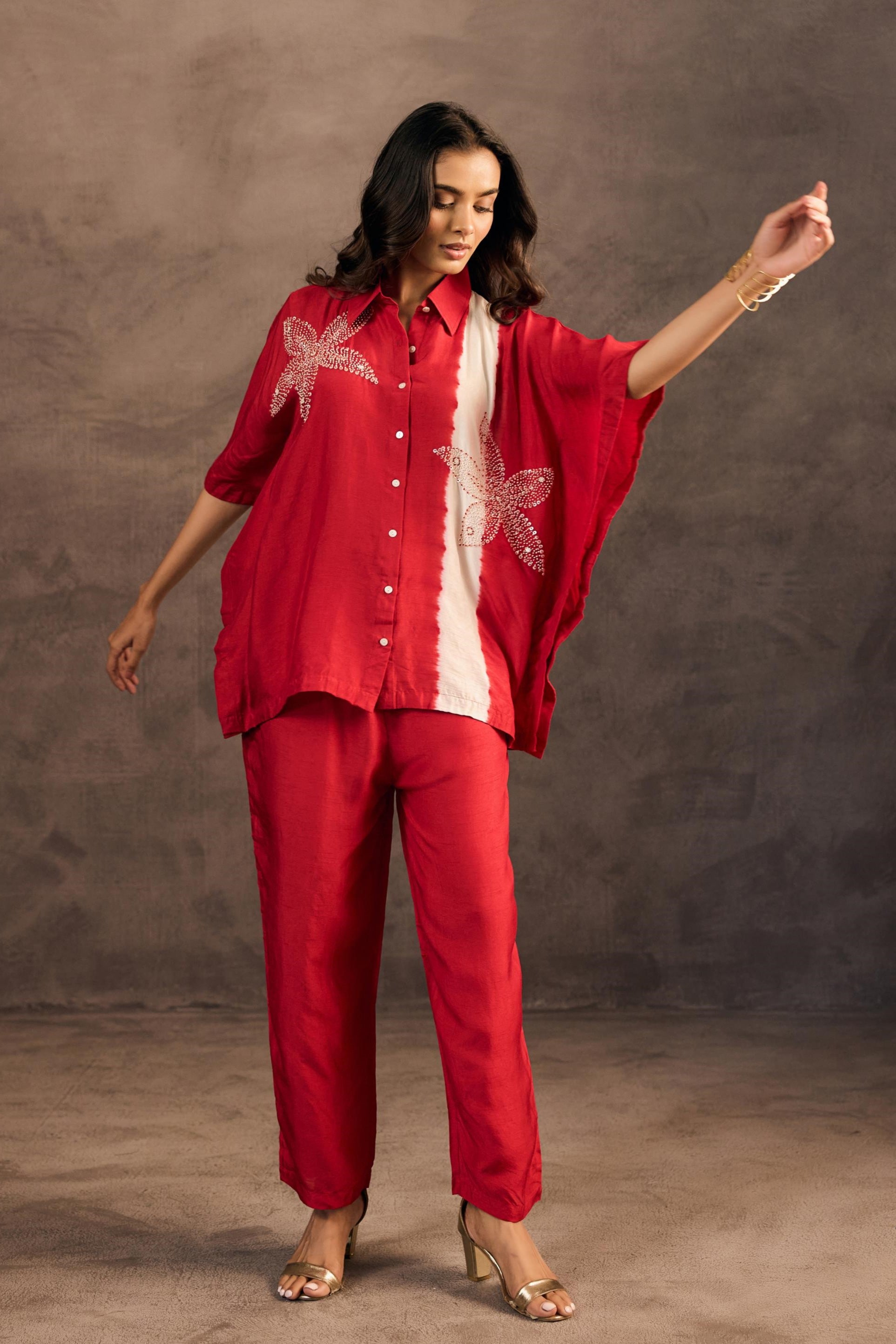 Ruby Red Embellished Raw Silk Co-Ord Set