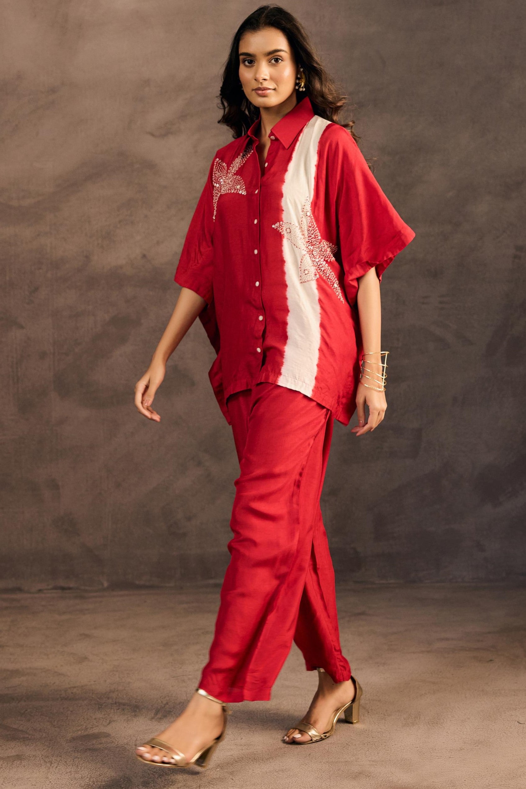 Ruby Red Embellished Raw Silk Co-Ord Set