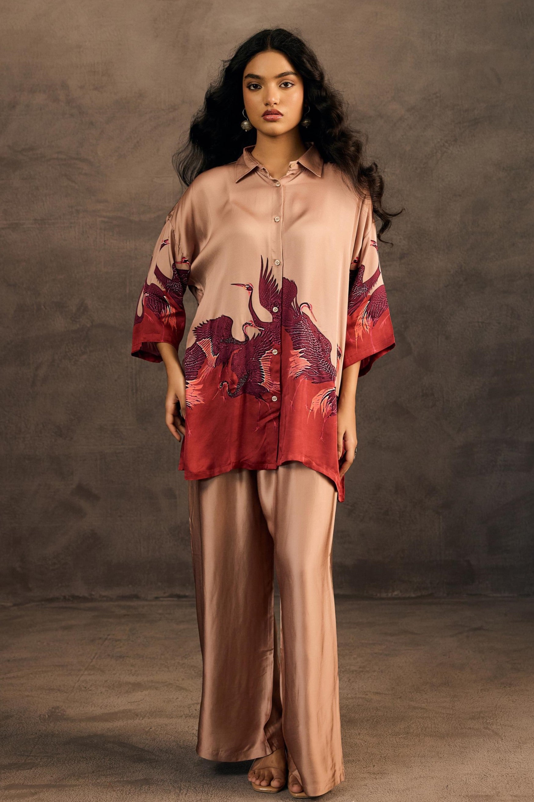 Blush Gold Embellished Satin Silk Co-Ord Set