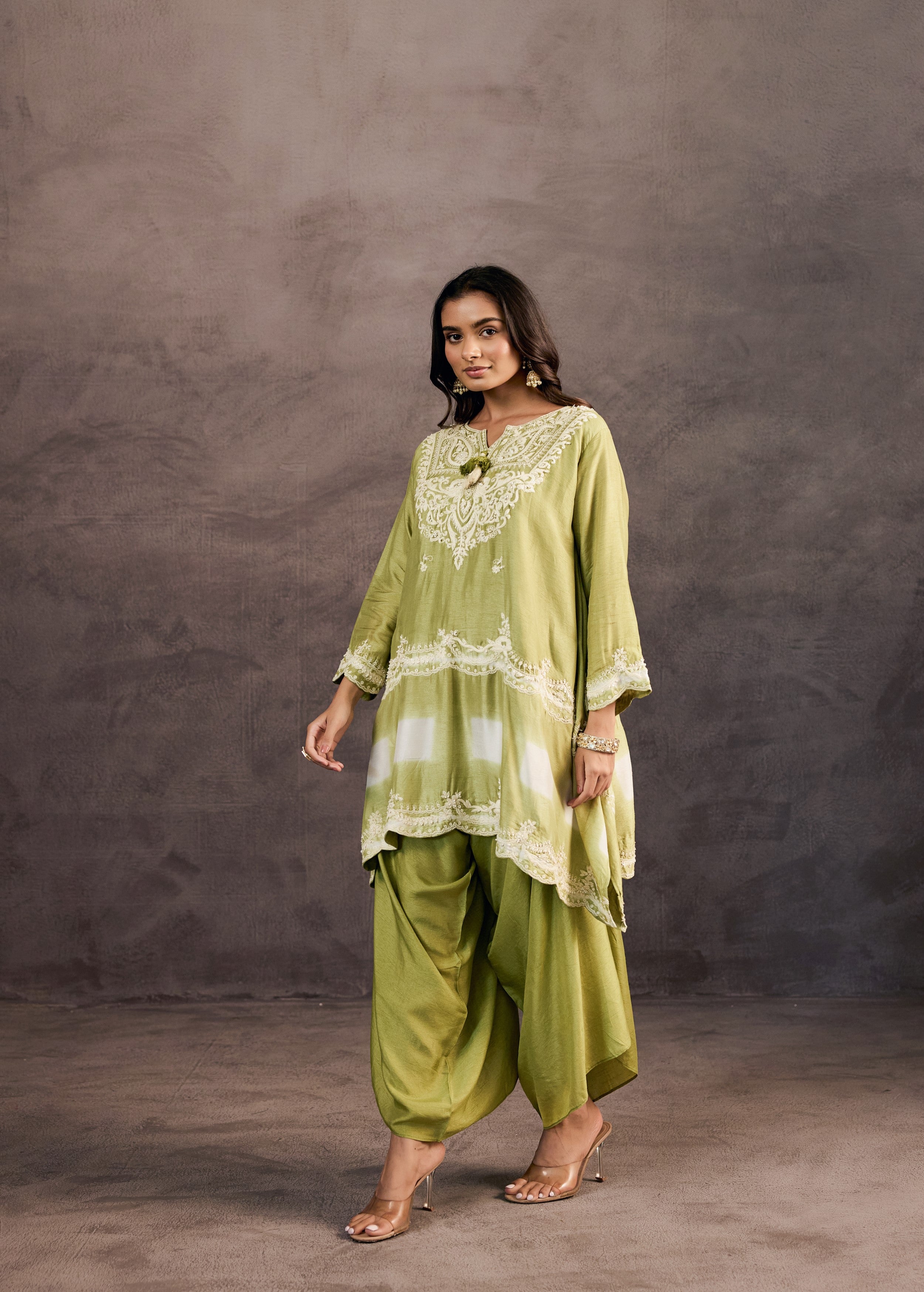 Sage Green Embroidered Raw Silk Palazzo Set
