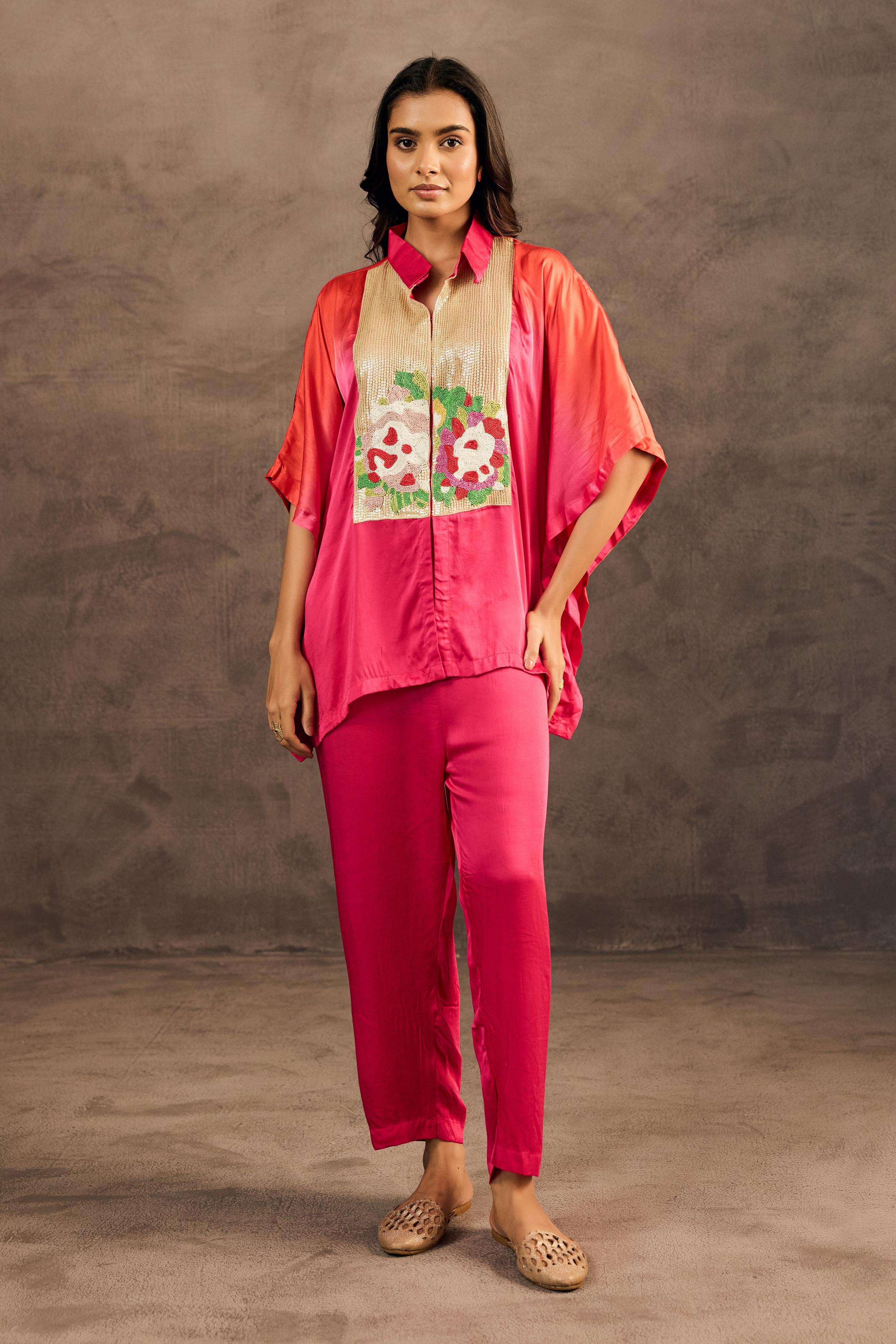 Rose Radiance Embellished Satin Silk Kaftan Set