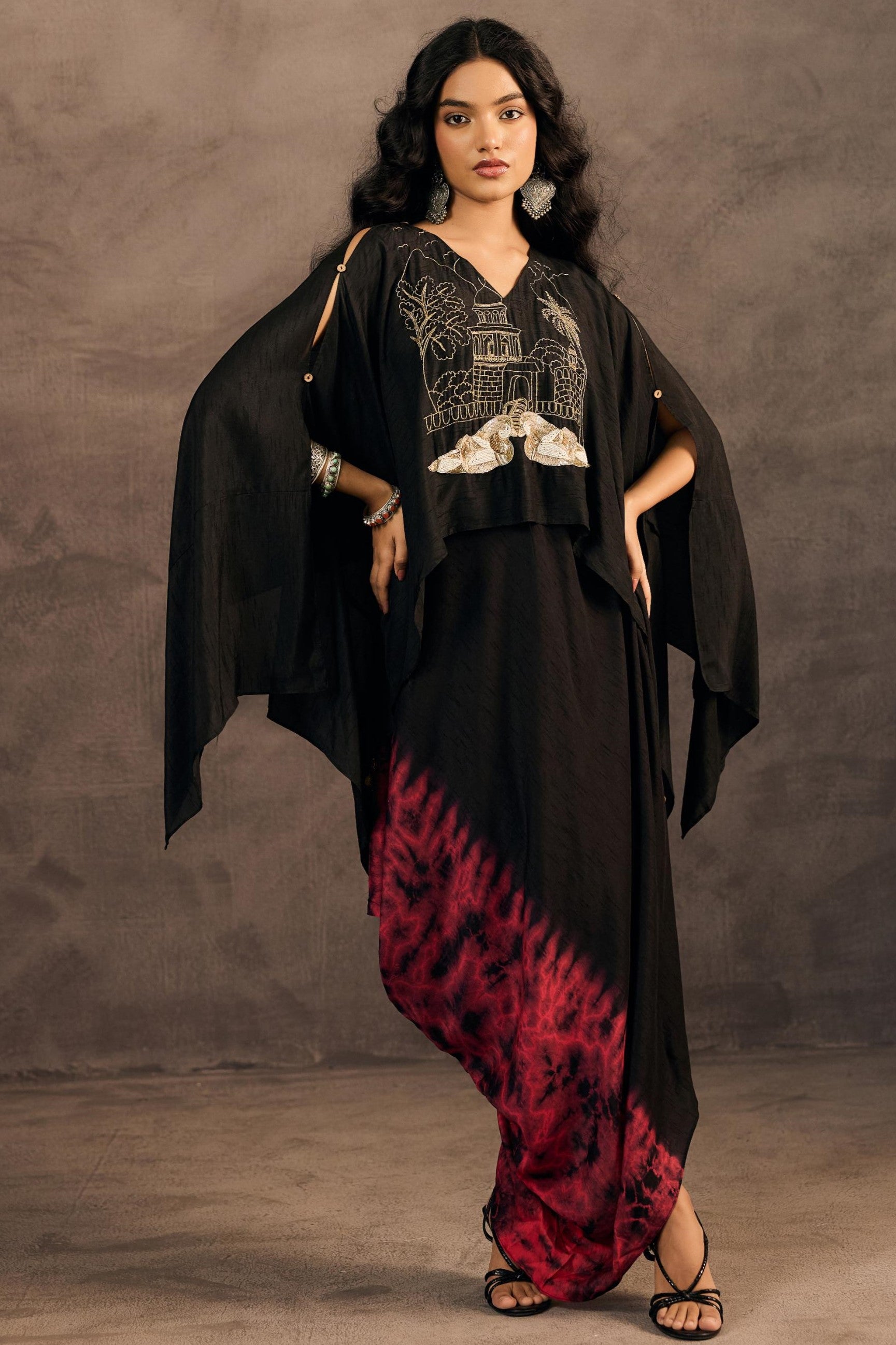 Twilight Black Embellished Raw Silk Kaftan Set