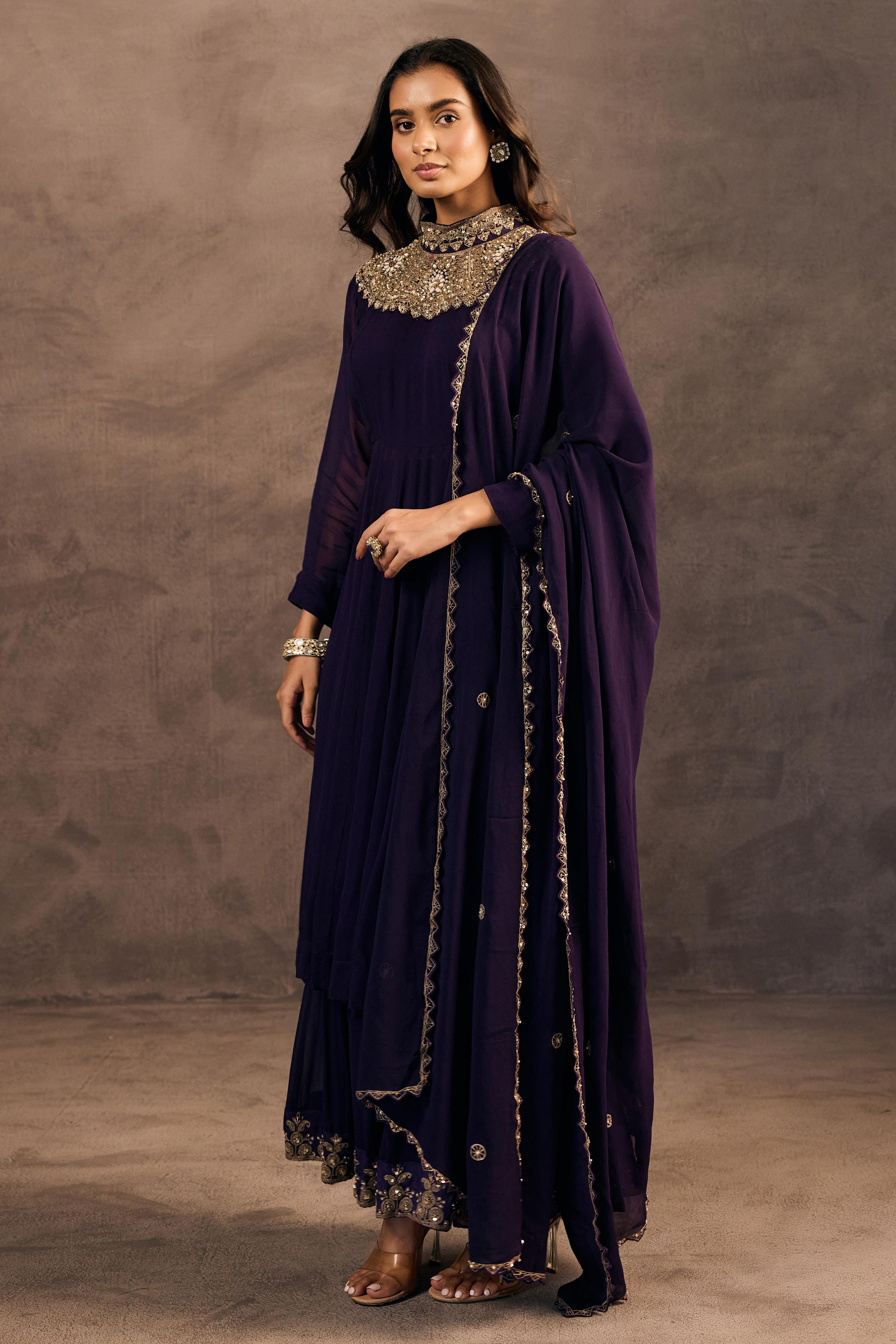 Deep Purple Embellished Georgette Silk Sharara Set