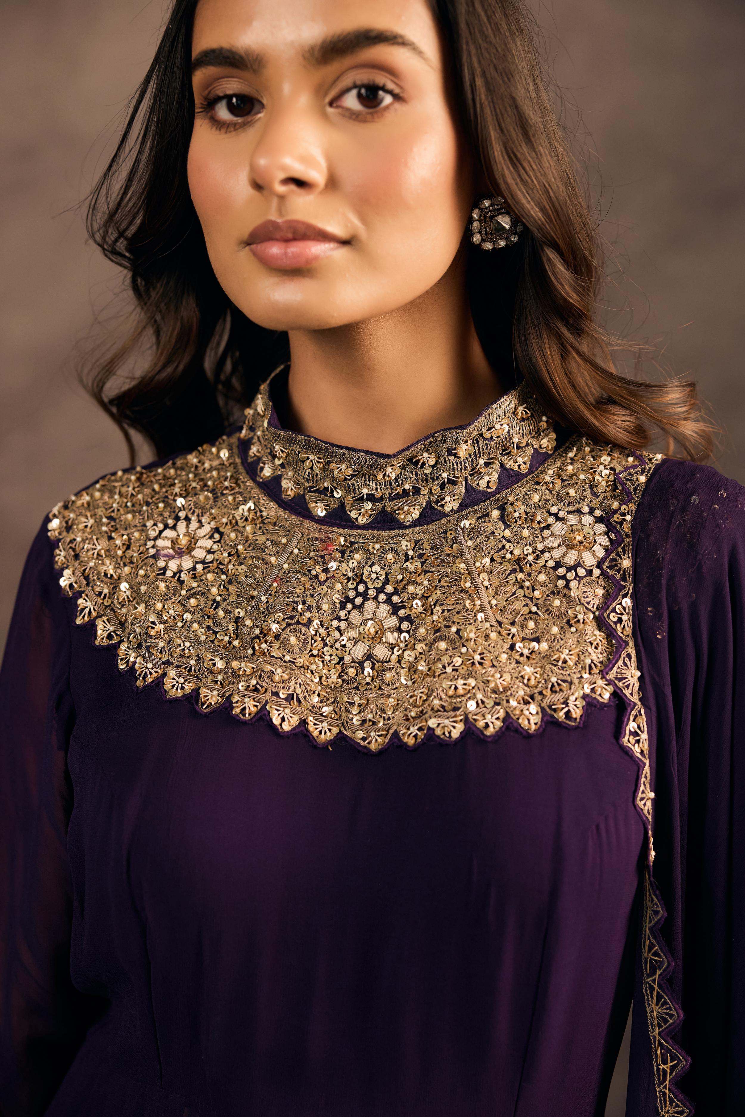 Deep Purple Embellished Georgette Silk Sharara Set