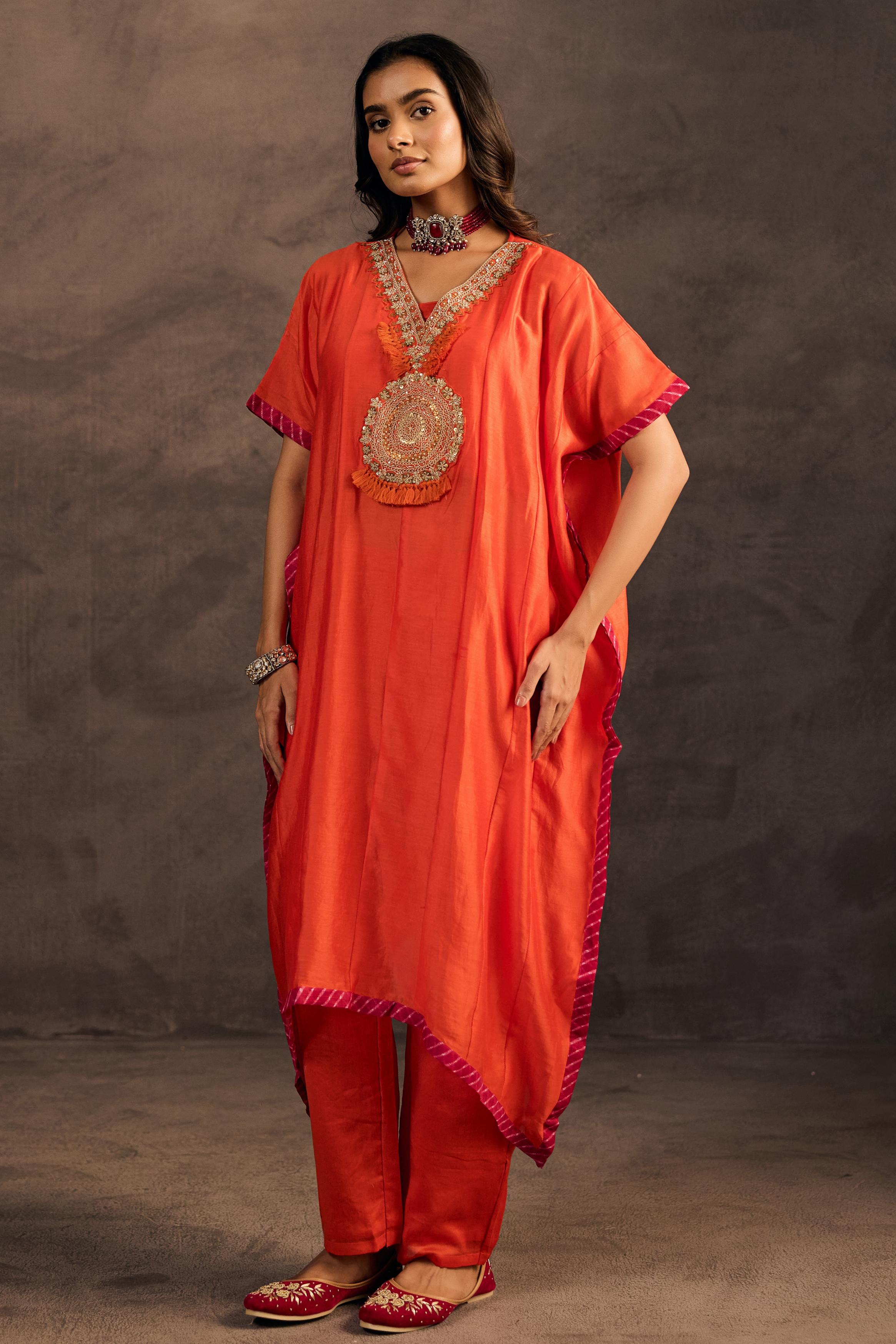 Flame Orange Embellished Organza Tissue Silk Kaftan Set