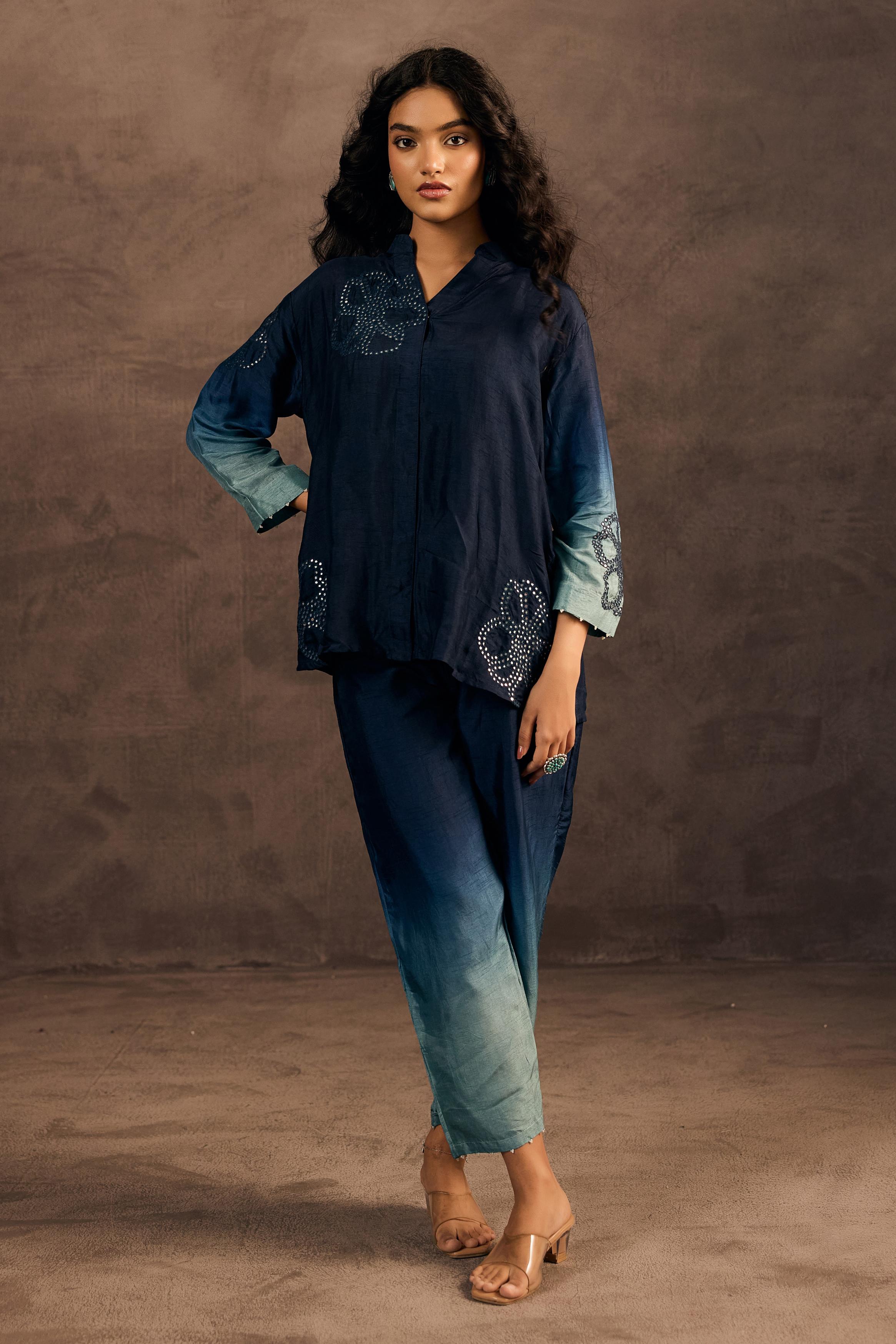 Midnight Teal Mist Embellished Raw Silk Co-Ord Set