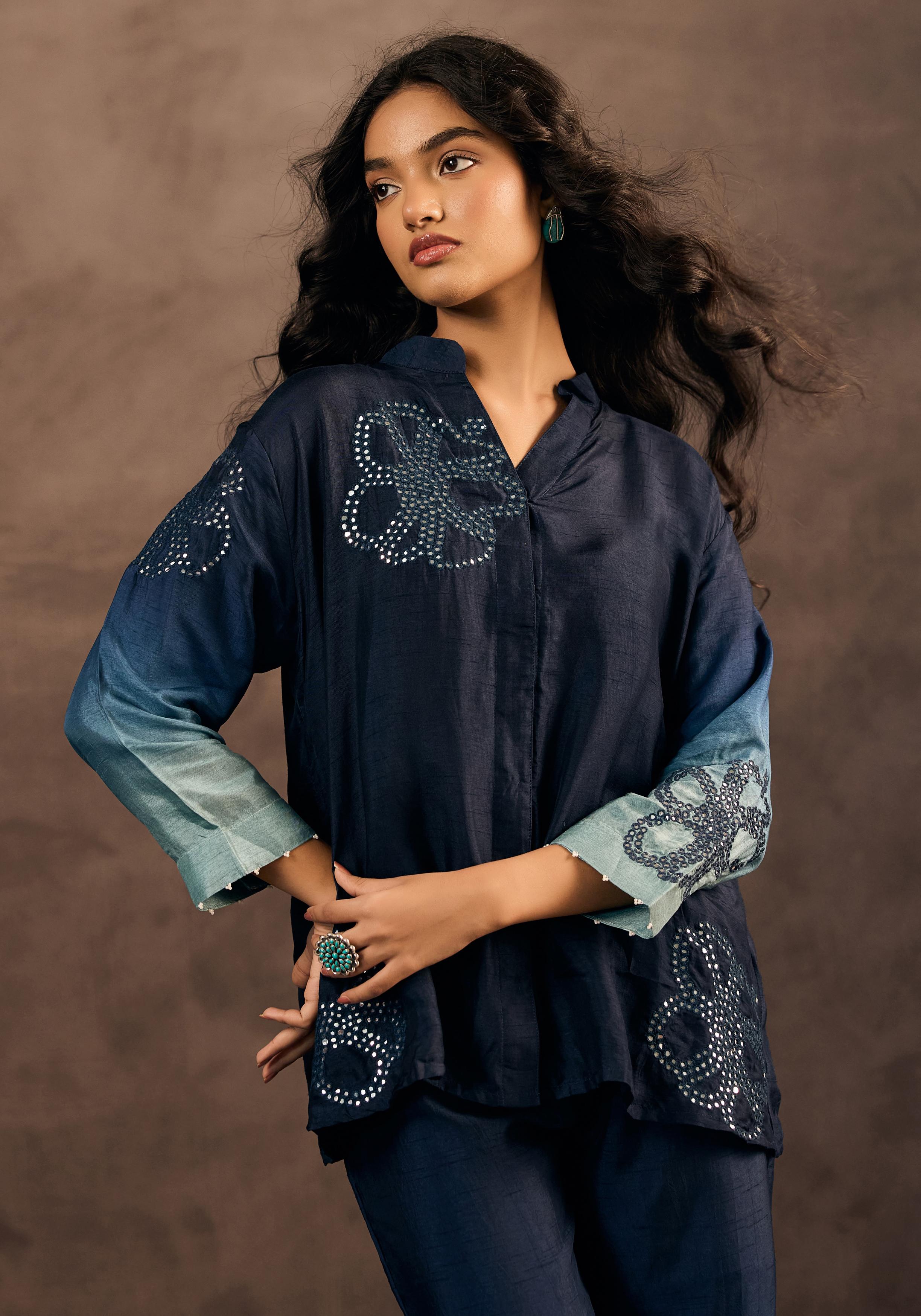 Midnight Teal Mist Embellished Raw Silk Co-Ord Set