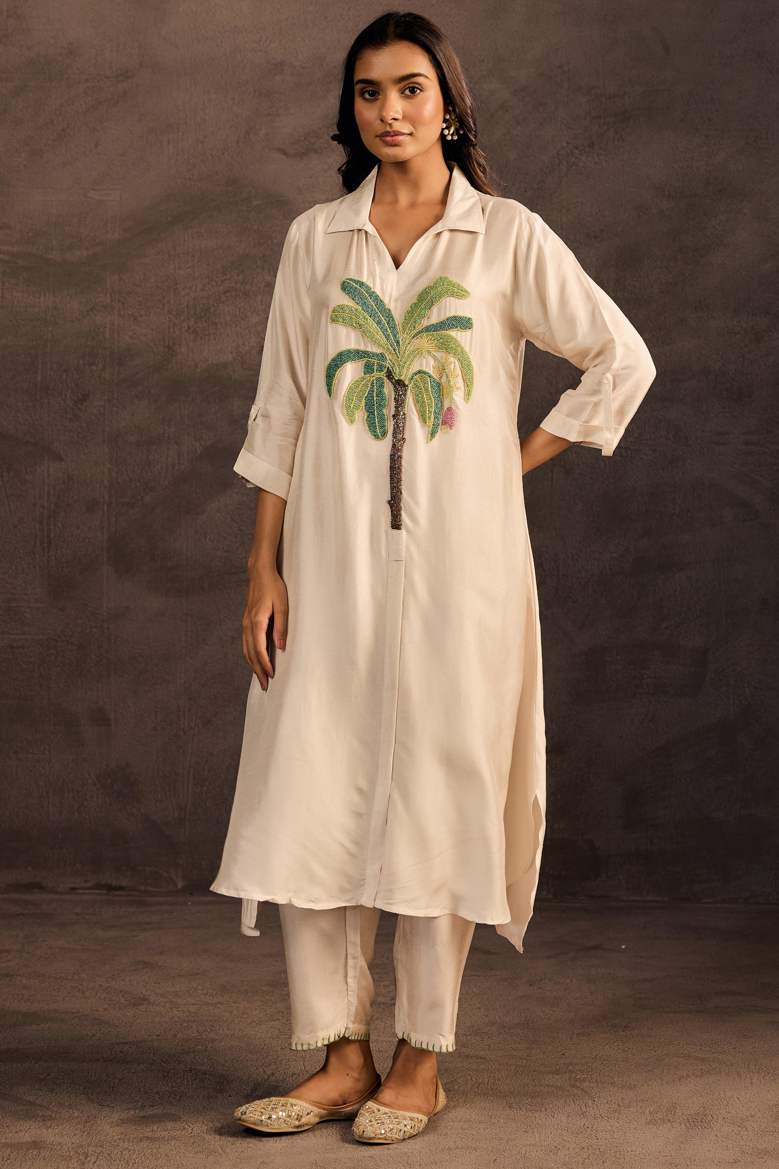 Moonlit Champagne Embellished Raw Silk Kurta Set