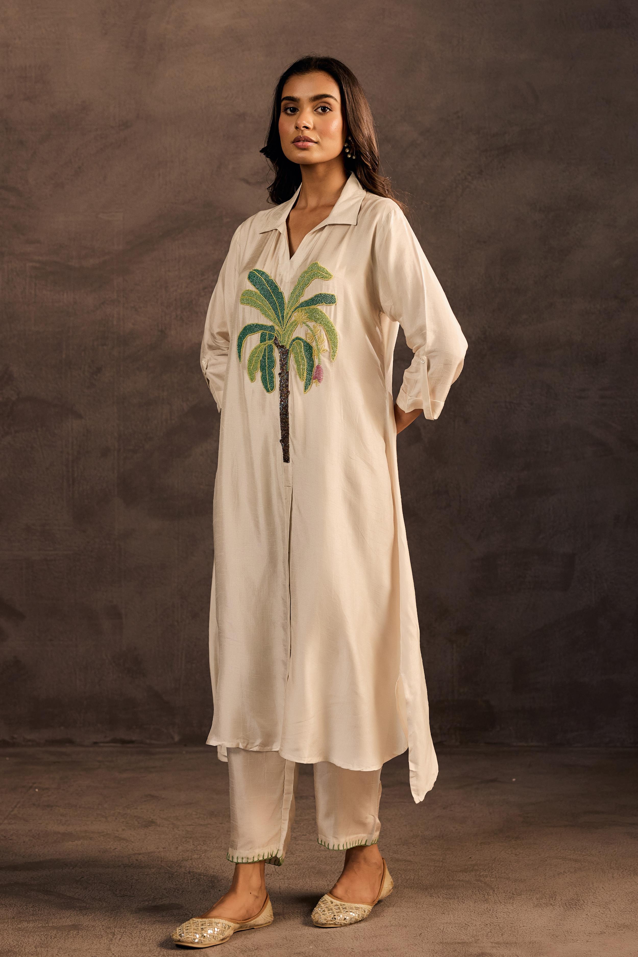 Moonlit Champagne Embellished Raw Silk Kurta Set