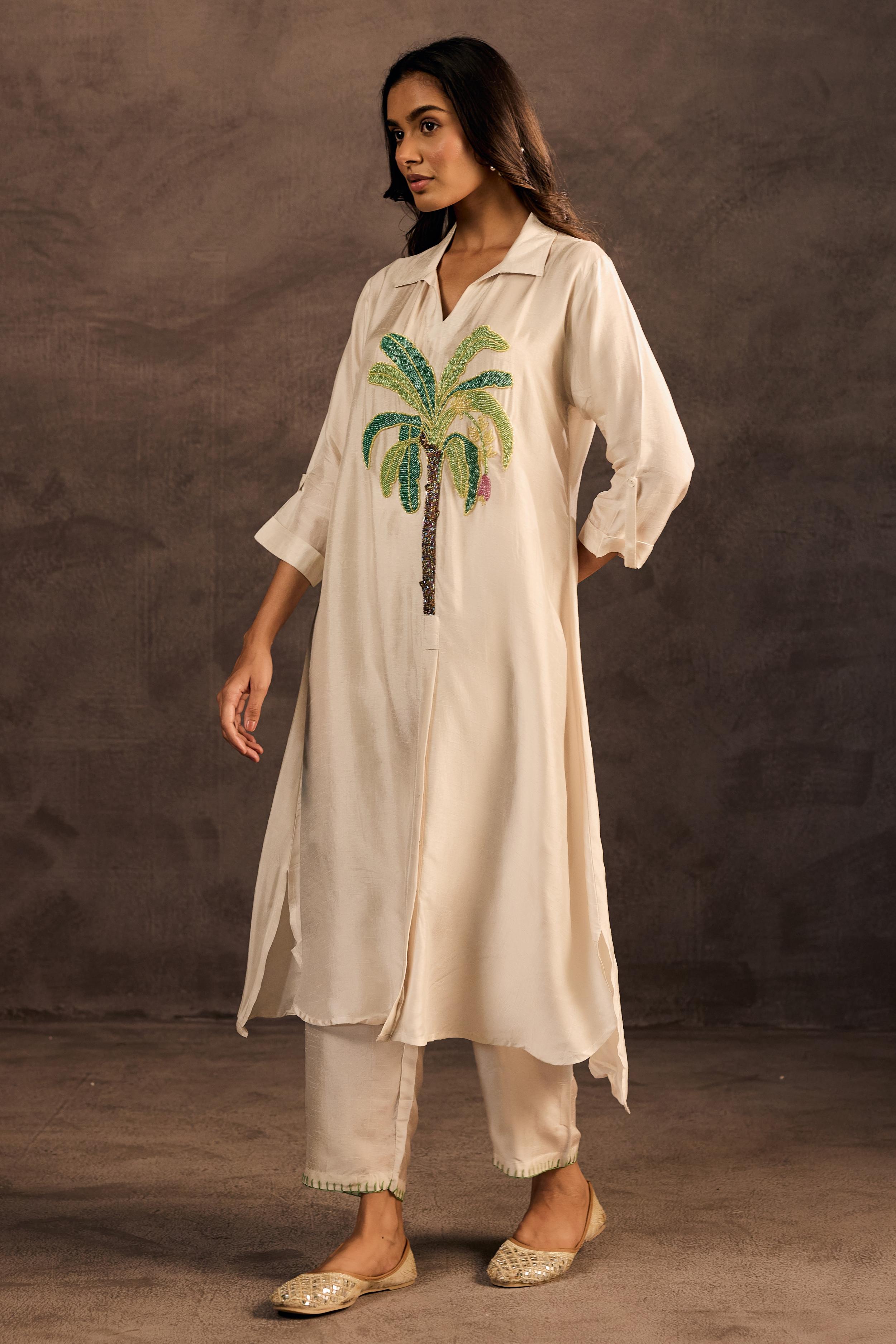 Moonlit Champagne Embellished Raw Silk Kurta Set