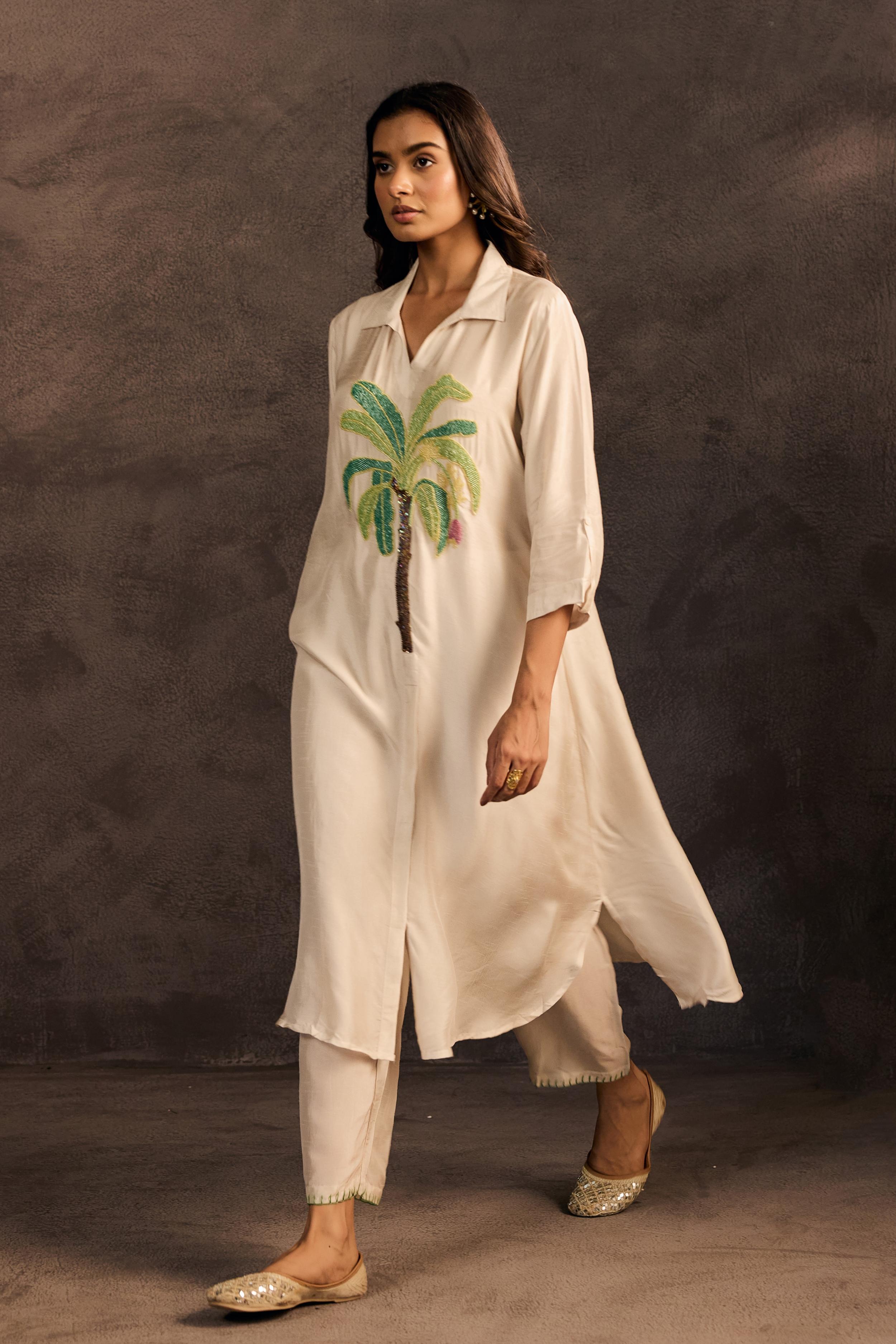 Moonlit Champagne Embellished Raw Silk Kurta Set