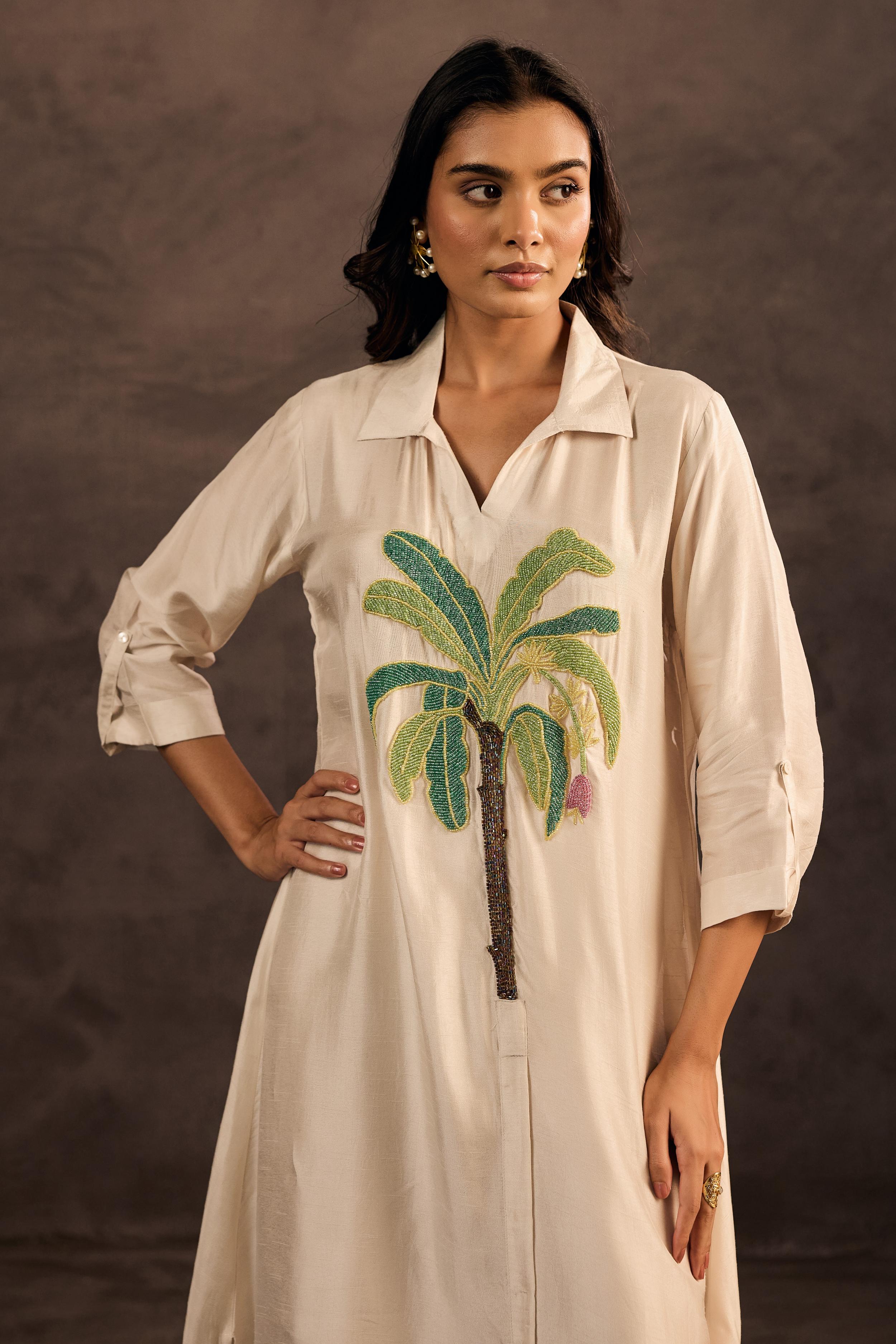 Moonlit Champagne Embellished Raw Silk Kurta Set