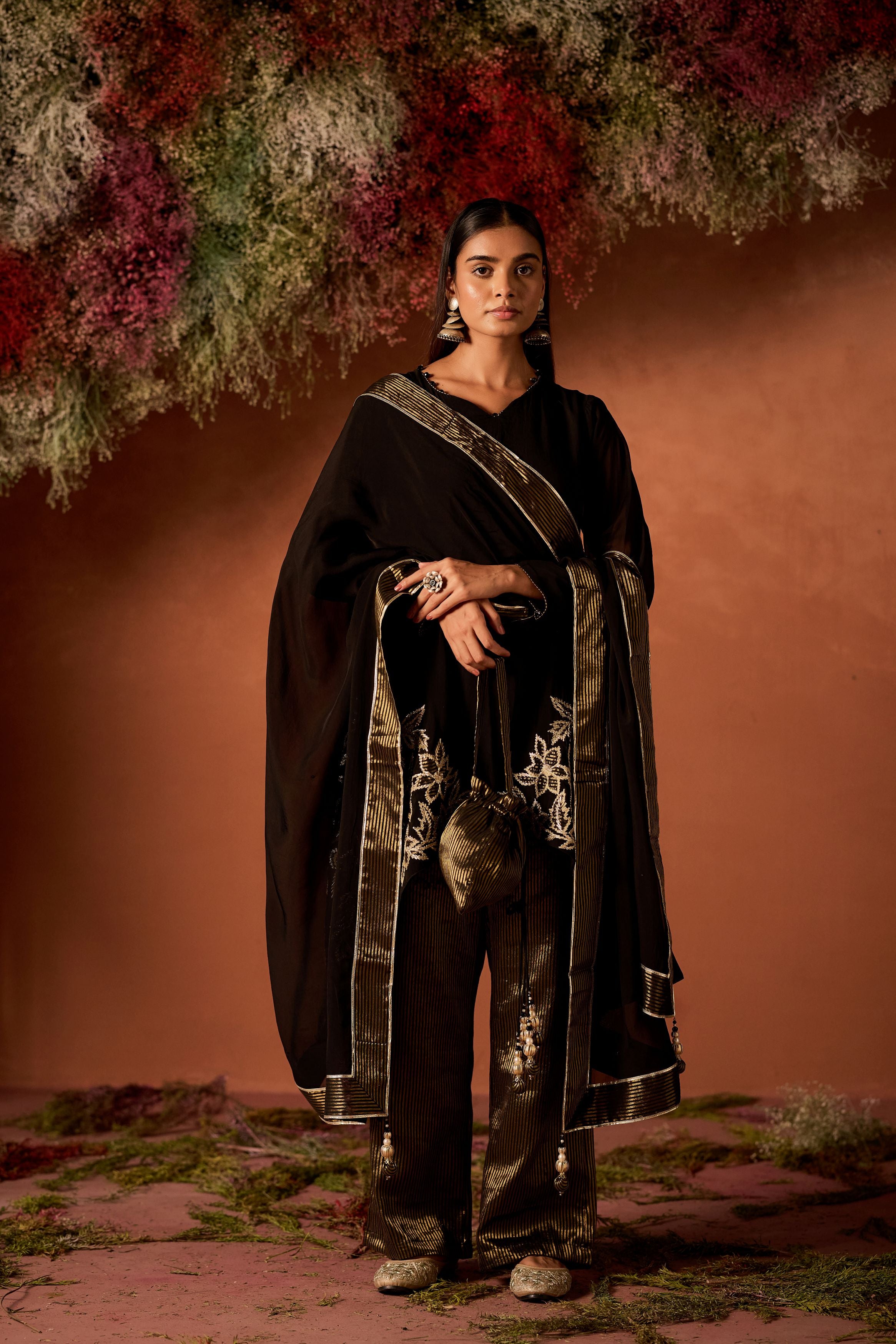 Black Embellished Shimmer Organza Palazzo Set