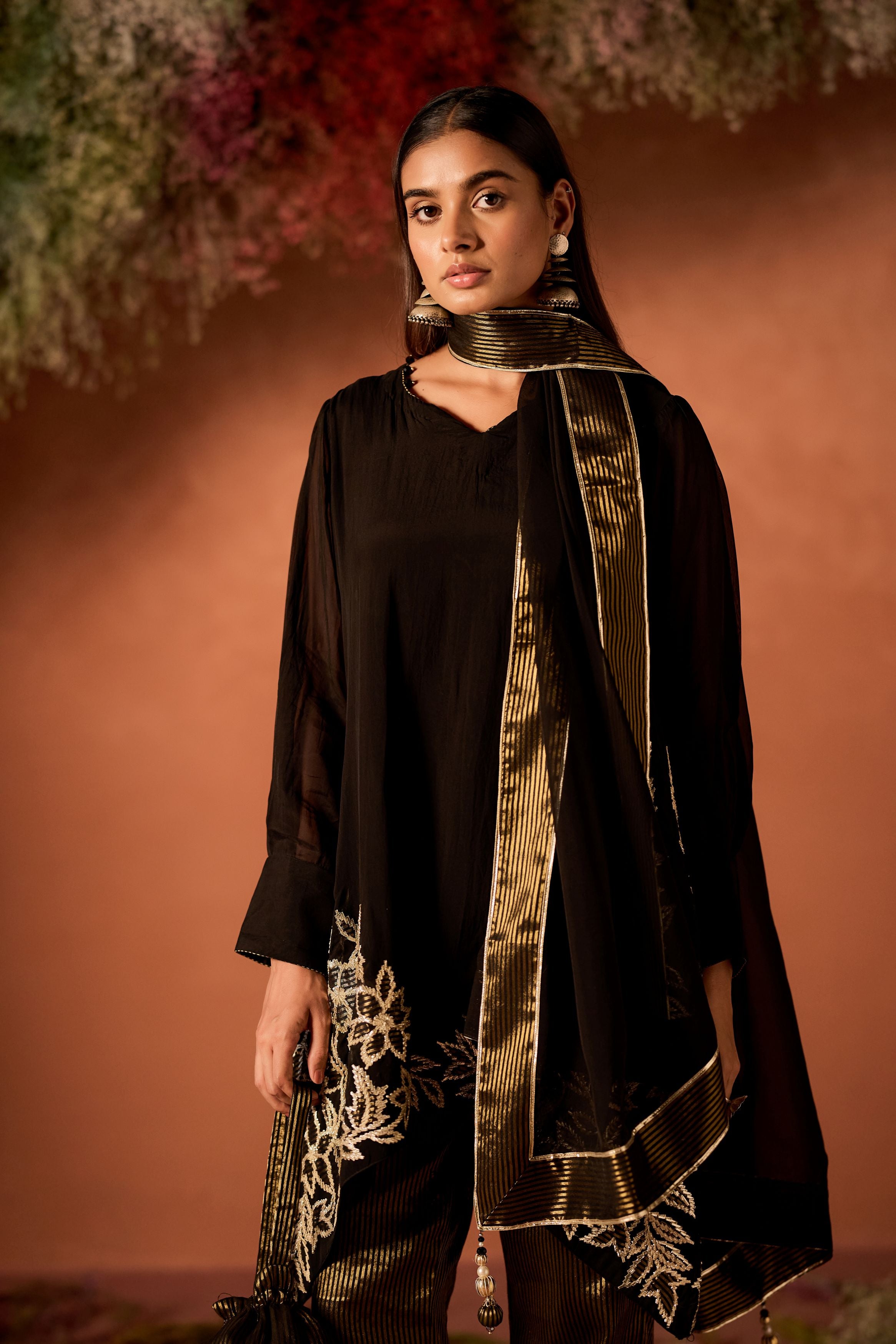 Black Embellished Shimmer Organza Palazzo Set