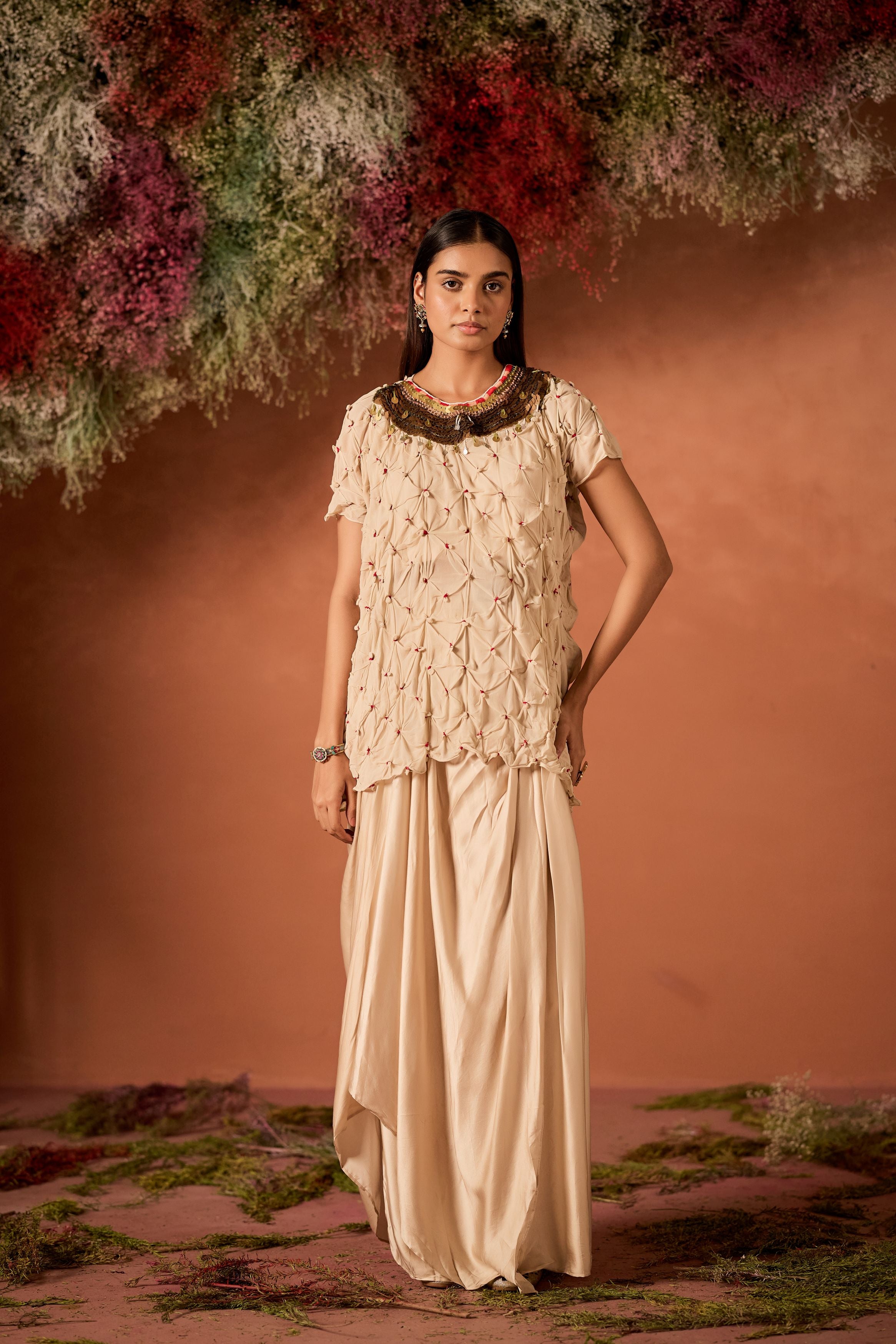 White Embellished Georgette Silk Skirt Set