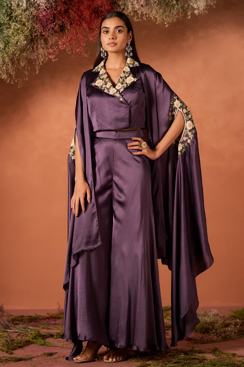 Mauve Glow Embellished Satin Silk Cape Set