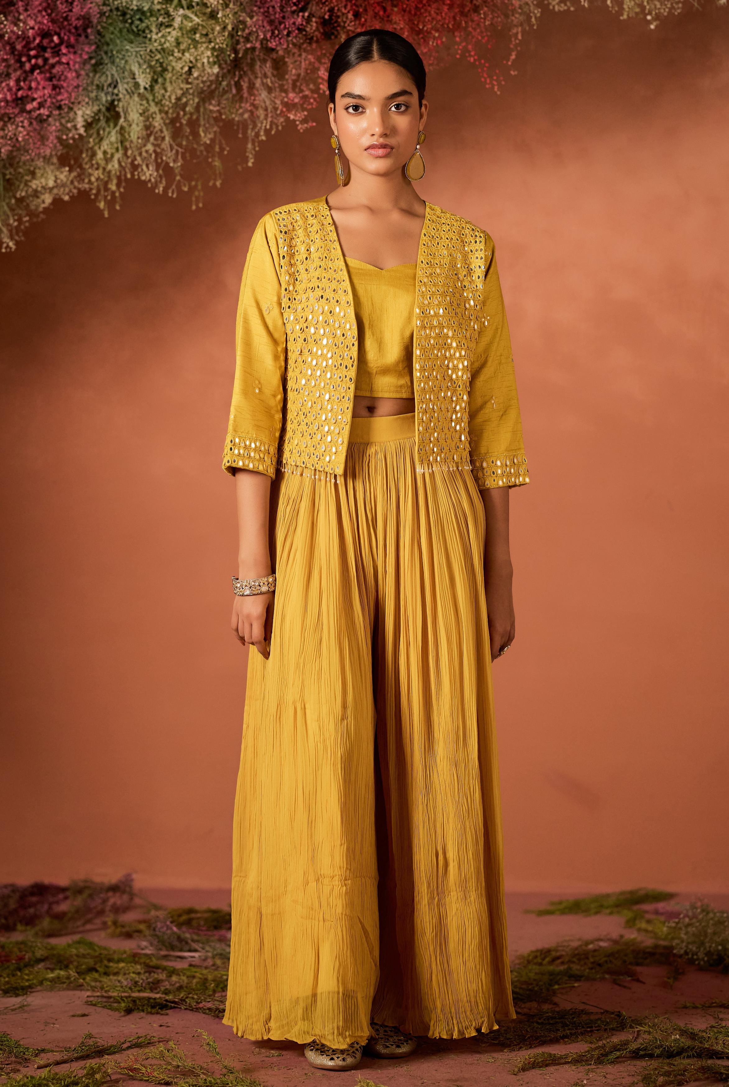 Mustard Yellow Embellished Raw Silk Palazzo Set