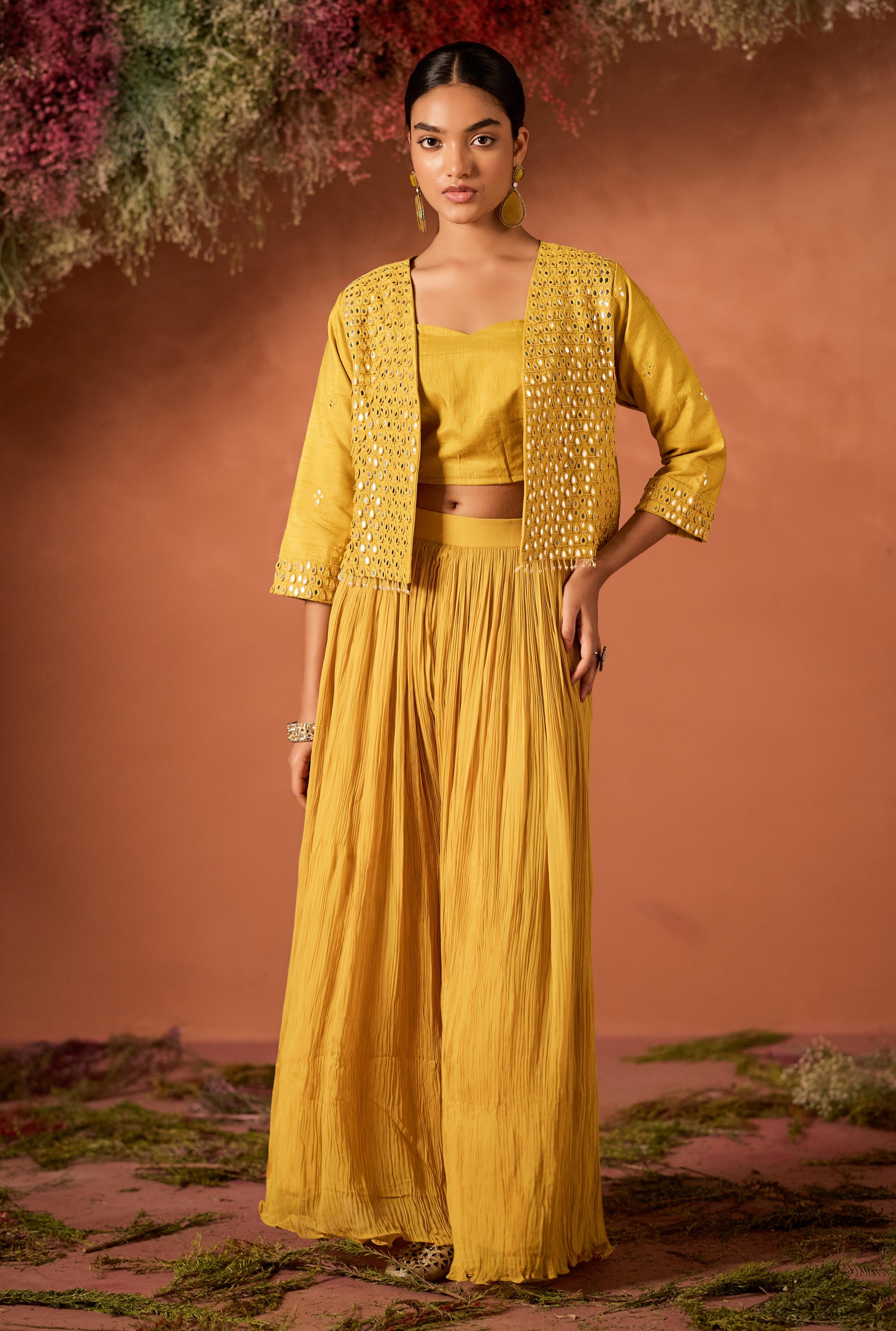 Mustard Yellow Embellished Raw Silk Palazzo Set