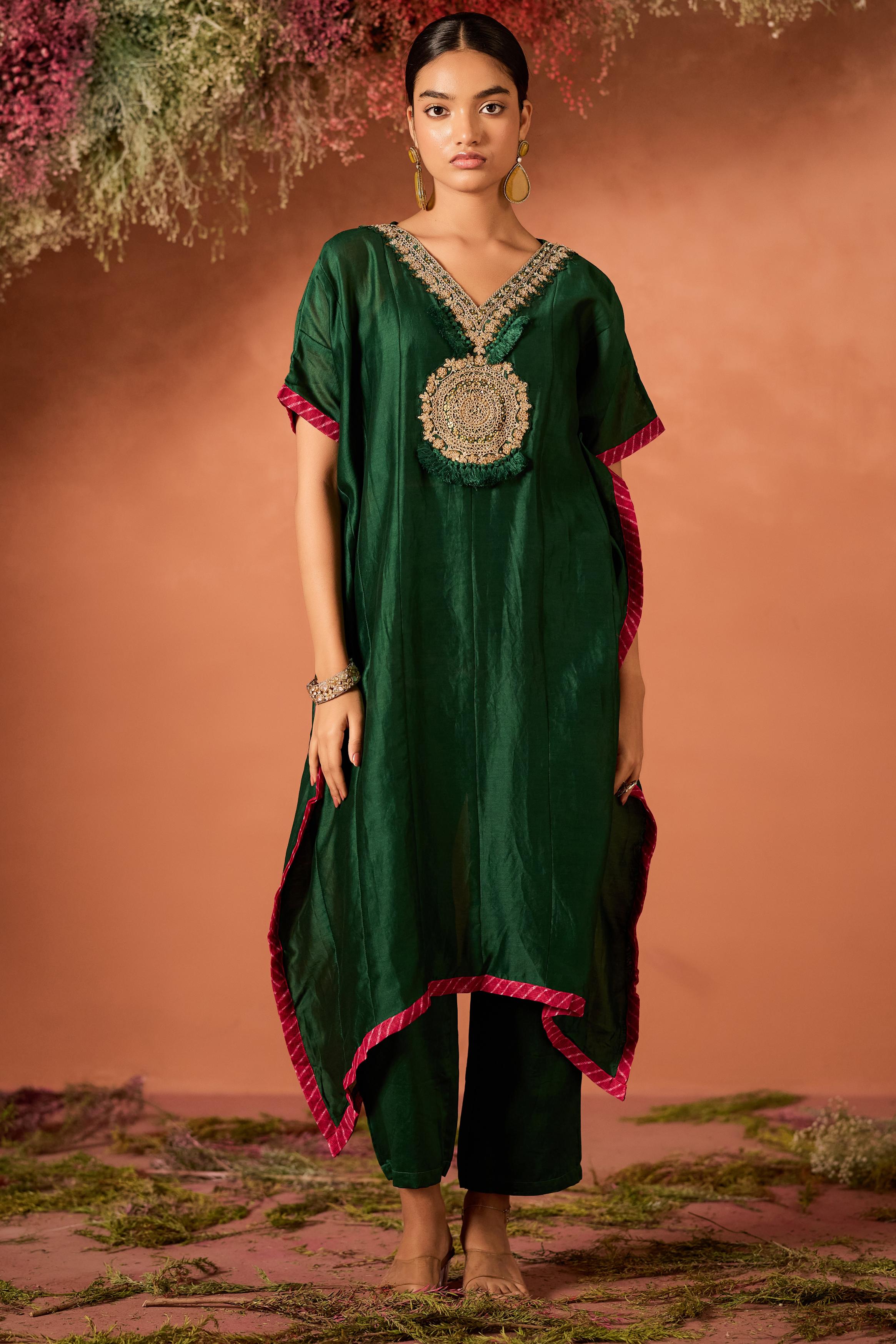 Emerald Enchant Embellished Organza Tissue Silk Kaftan Set