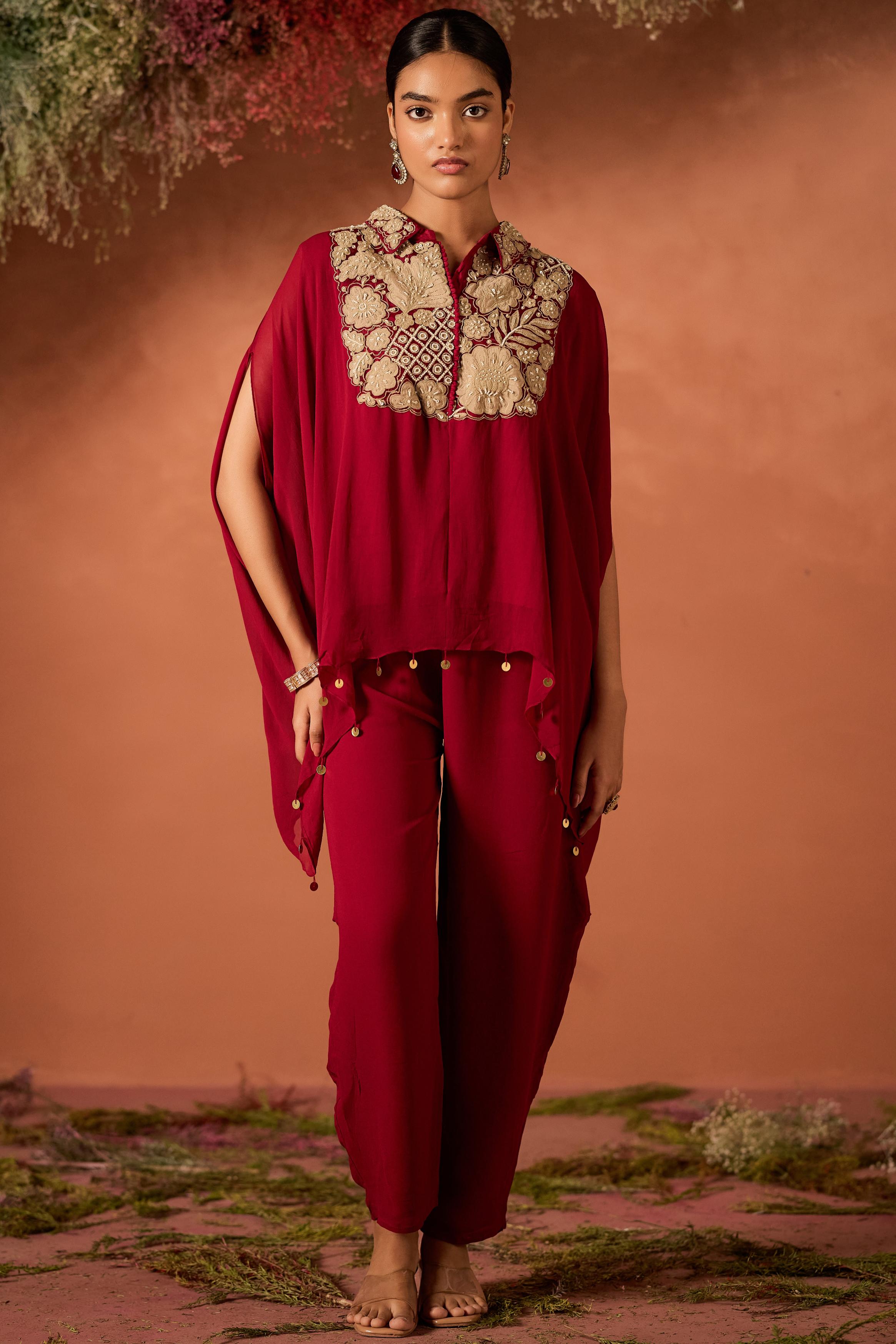 Maroon Red Embellished Georgette Kaftan Set