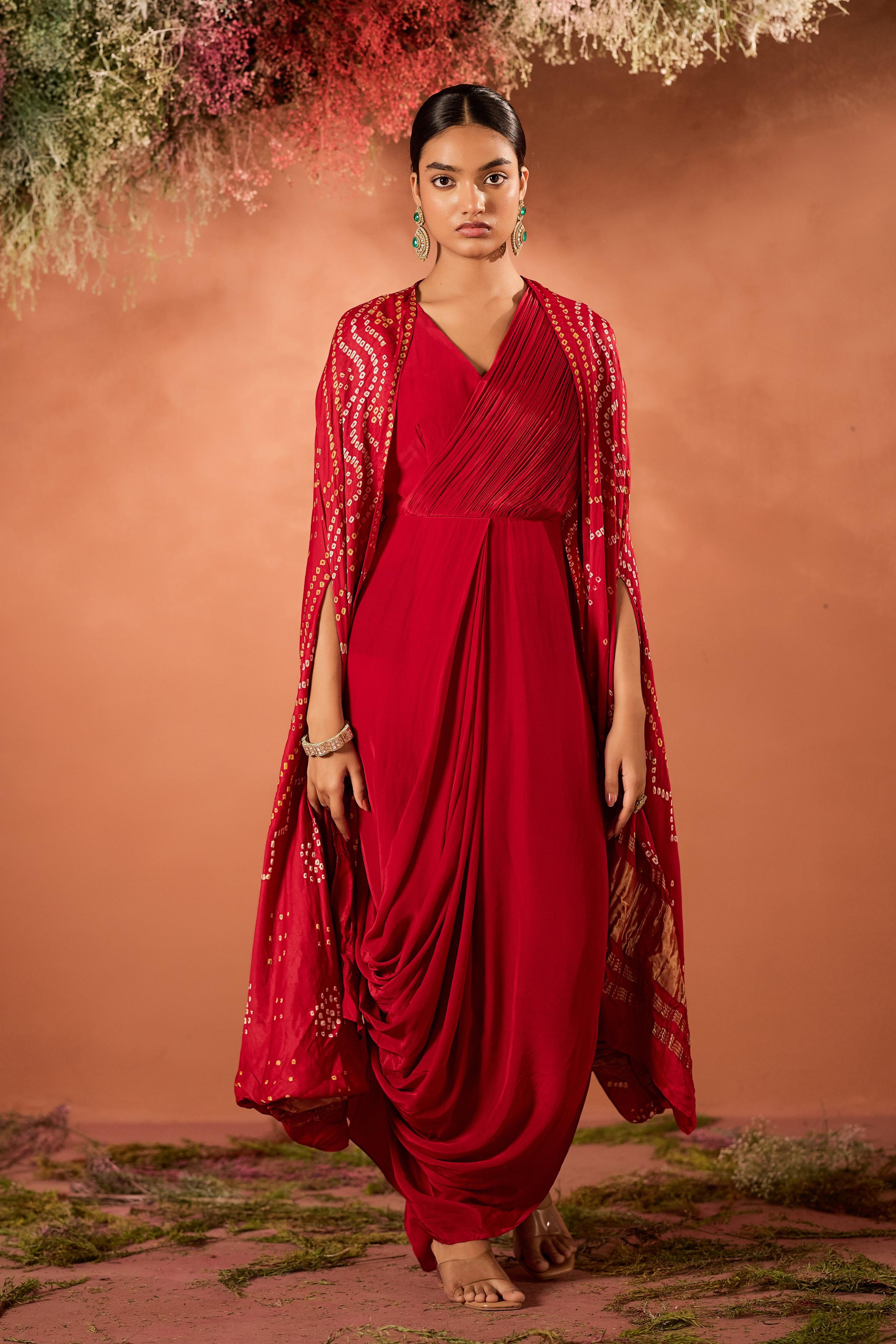 Crimson Red Embellished Satin Silk Draped Gown
