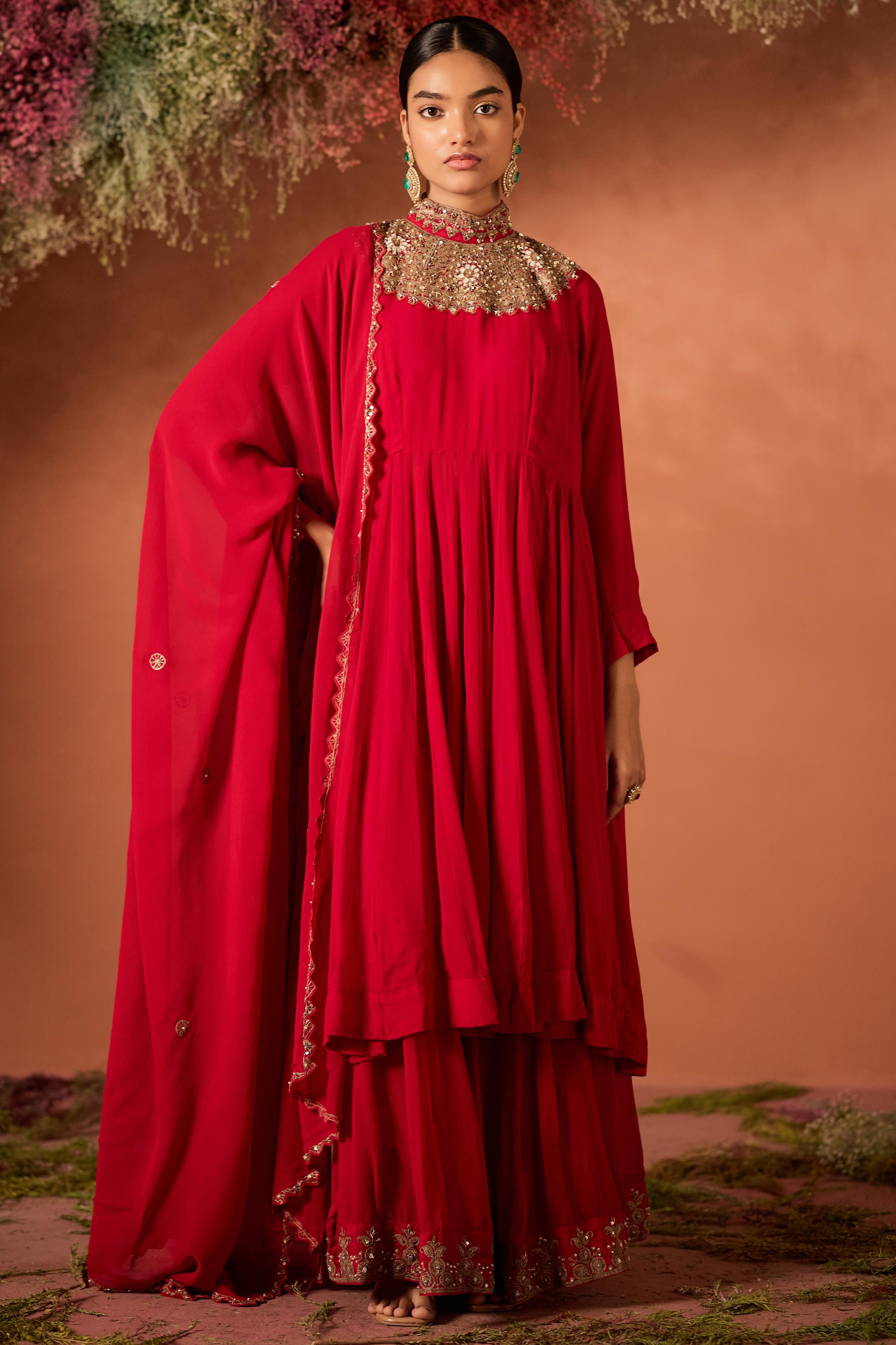 Hot Red Embellished Georgette Silk Sharara Set