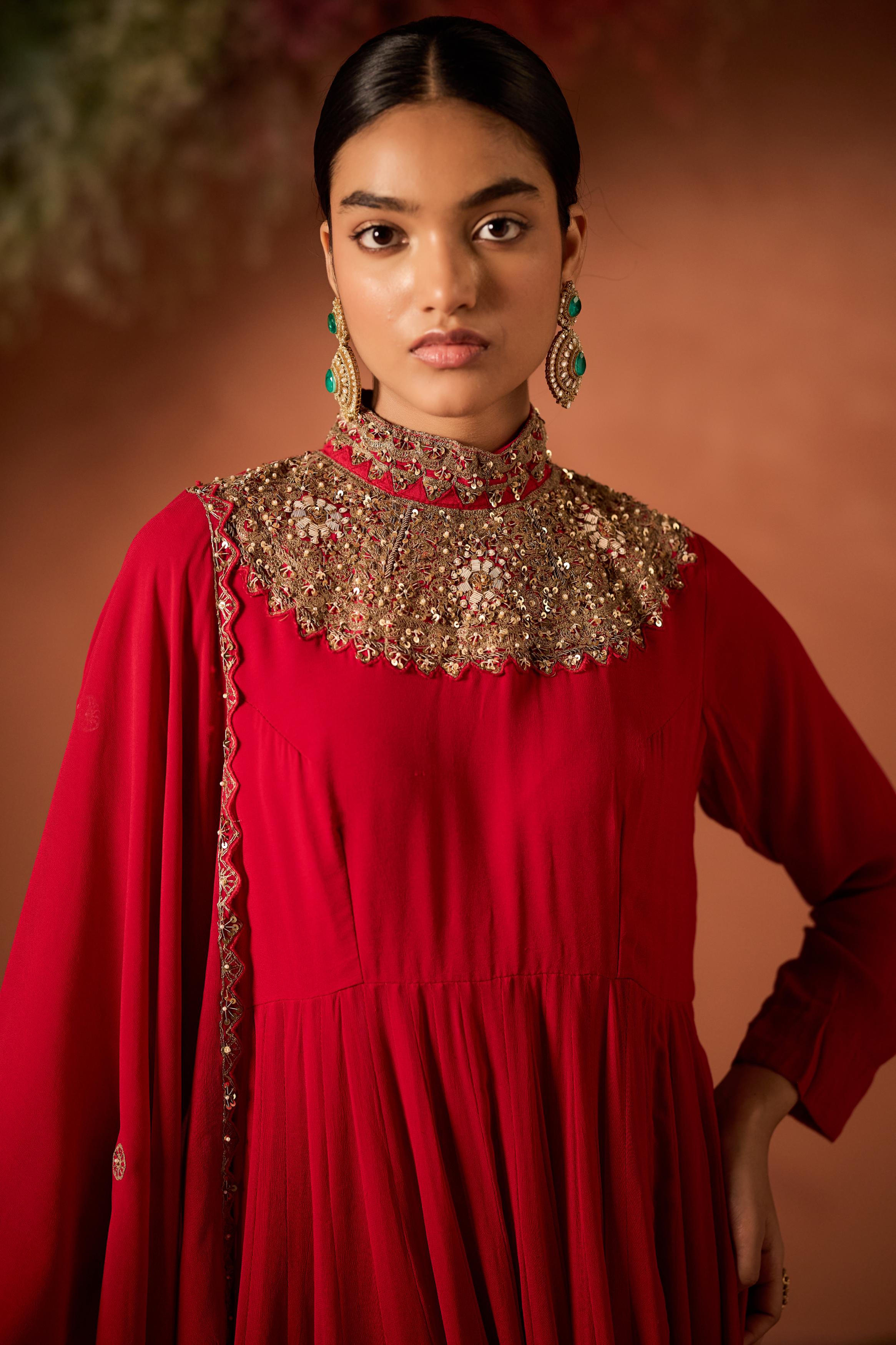 Hot Red Embellished Georgette Silk Sharara Set