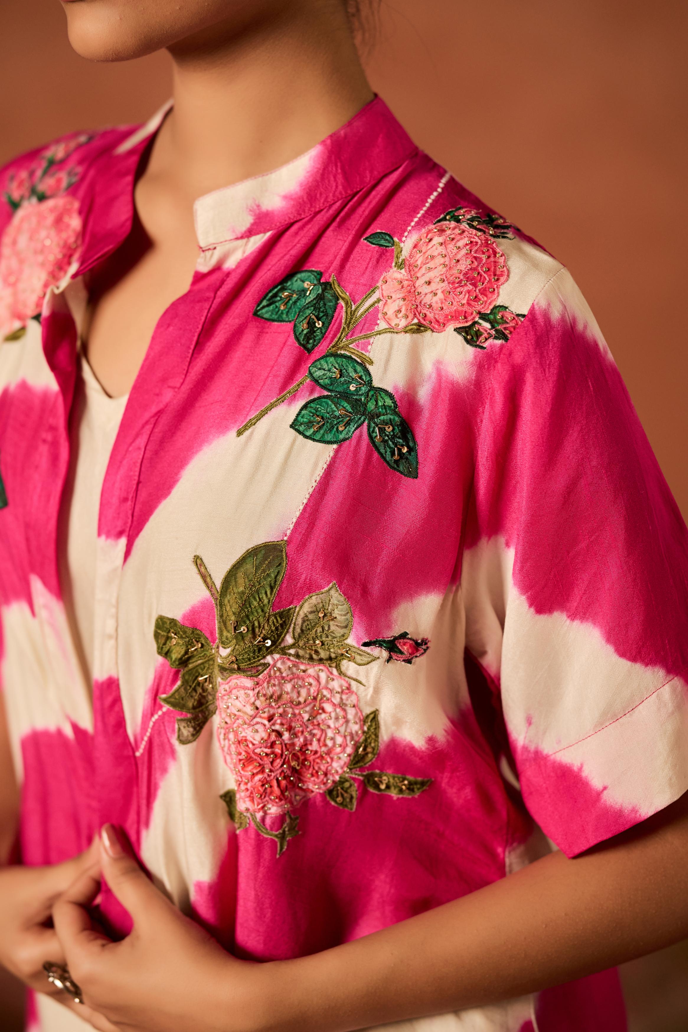 Fuchsia Pink Embellished Raw Silk Tunic Set