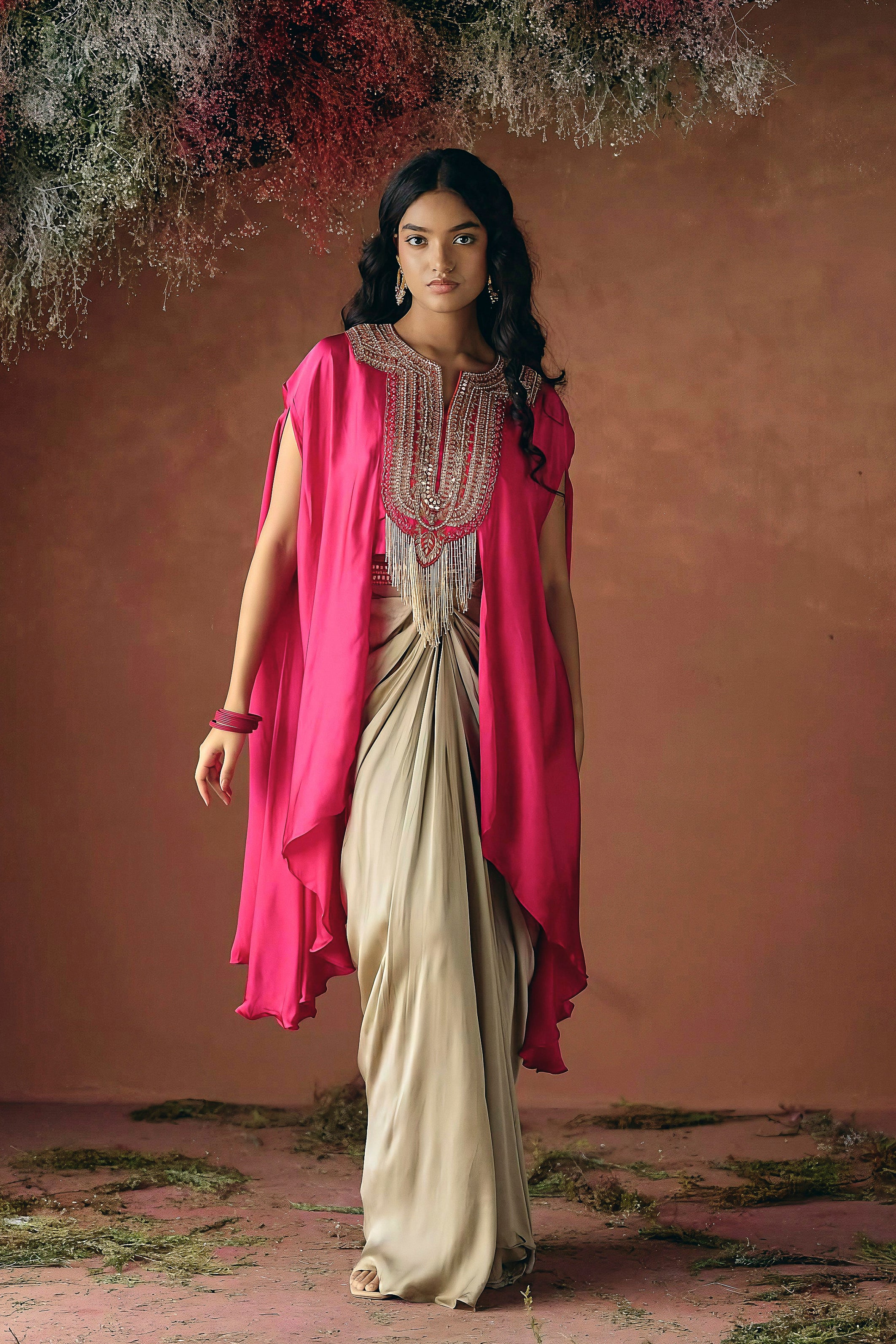 Vibrant Pink Embellished Satin Silk Drape Skirt Set
