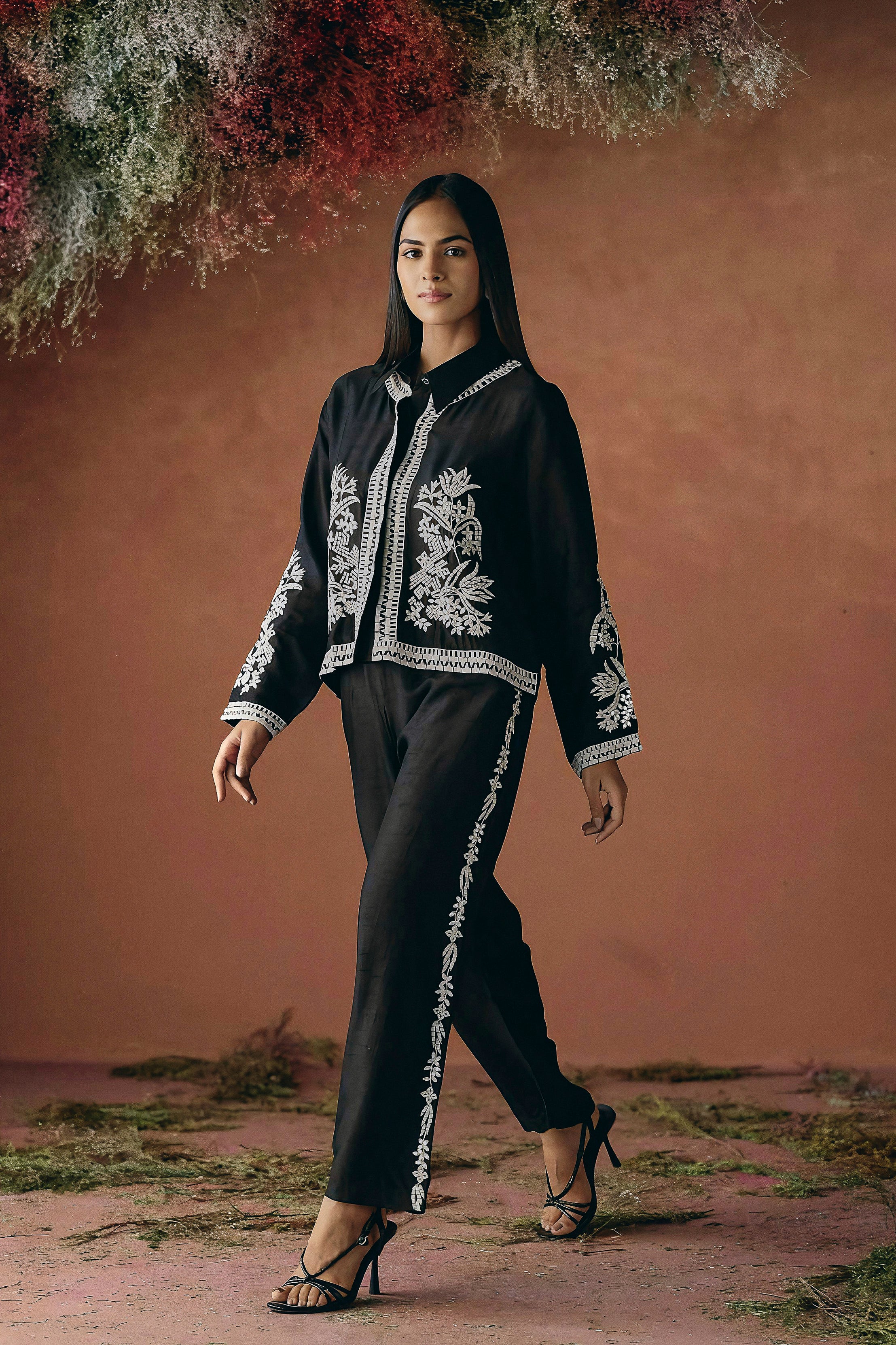 Classic Black Embroidered Raw Silk Co-Ord Set