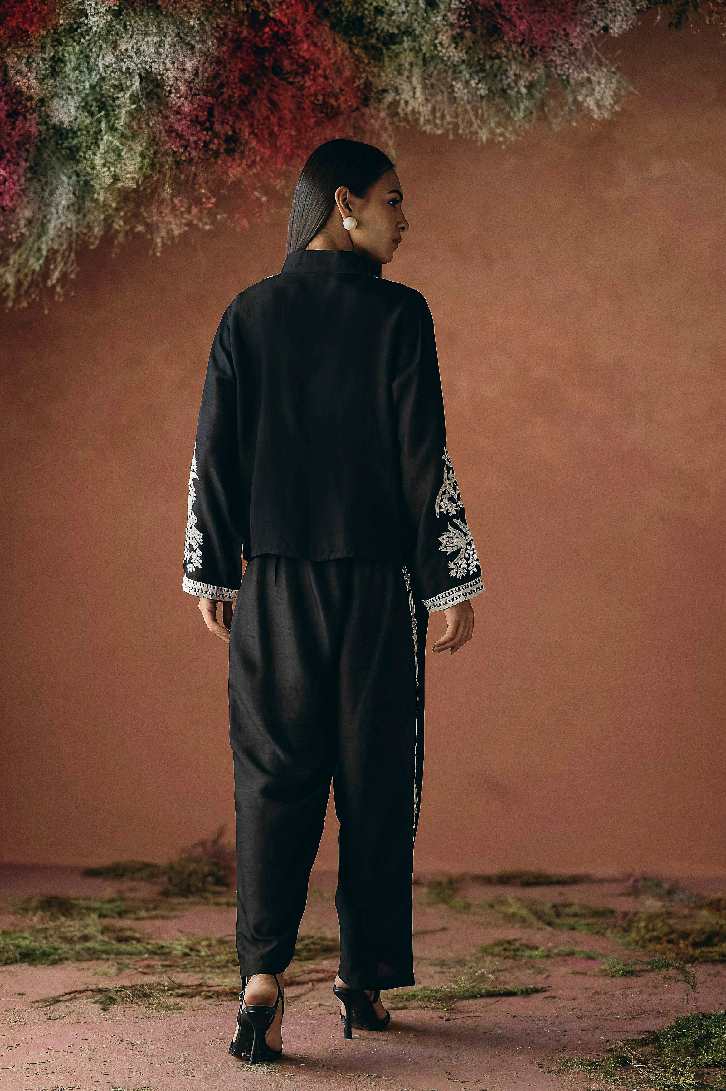 Classic Black Embroidered Raw Silk Co-Ord Set