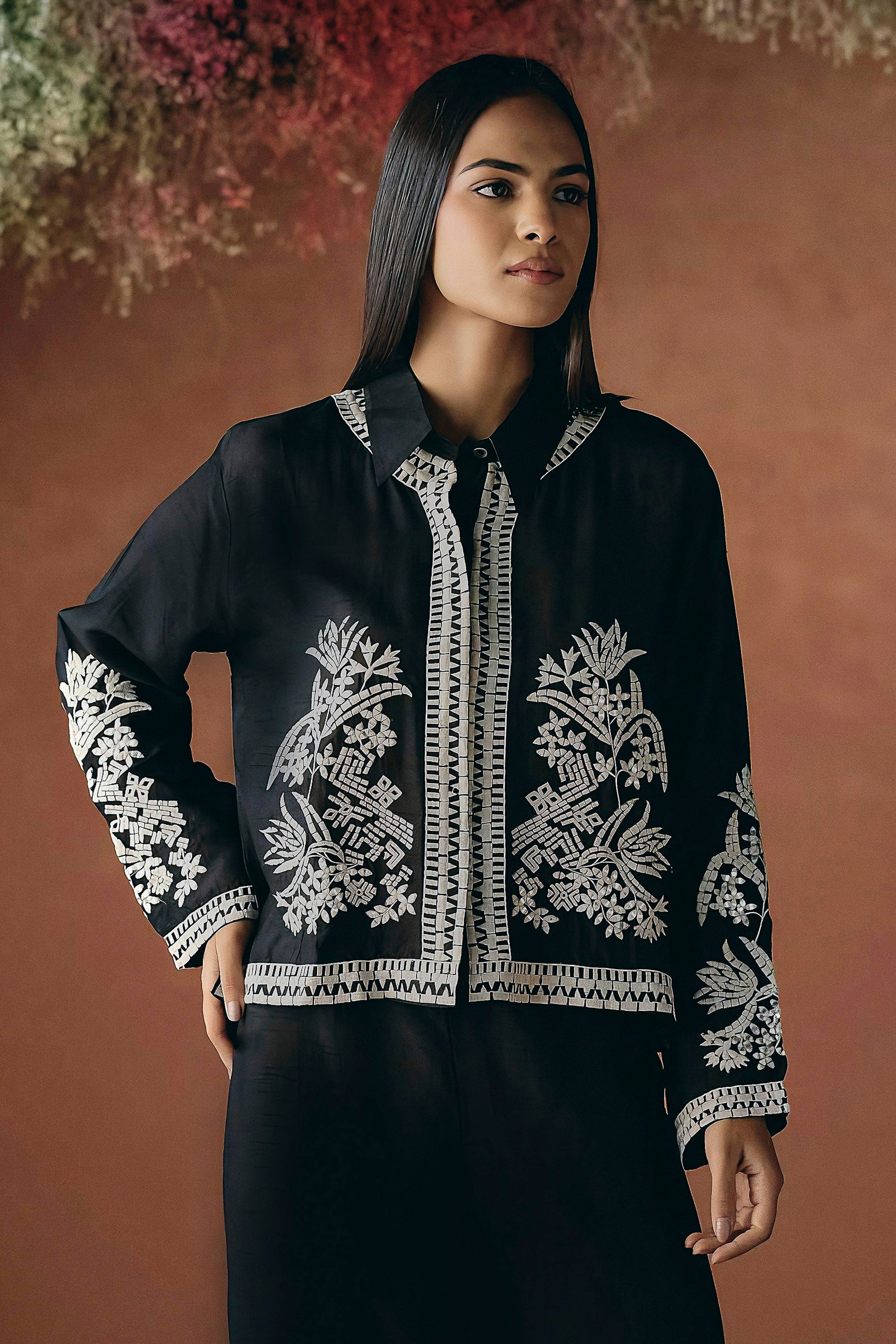 Classic Black Embroidered Raw Silk Co-Ord Set