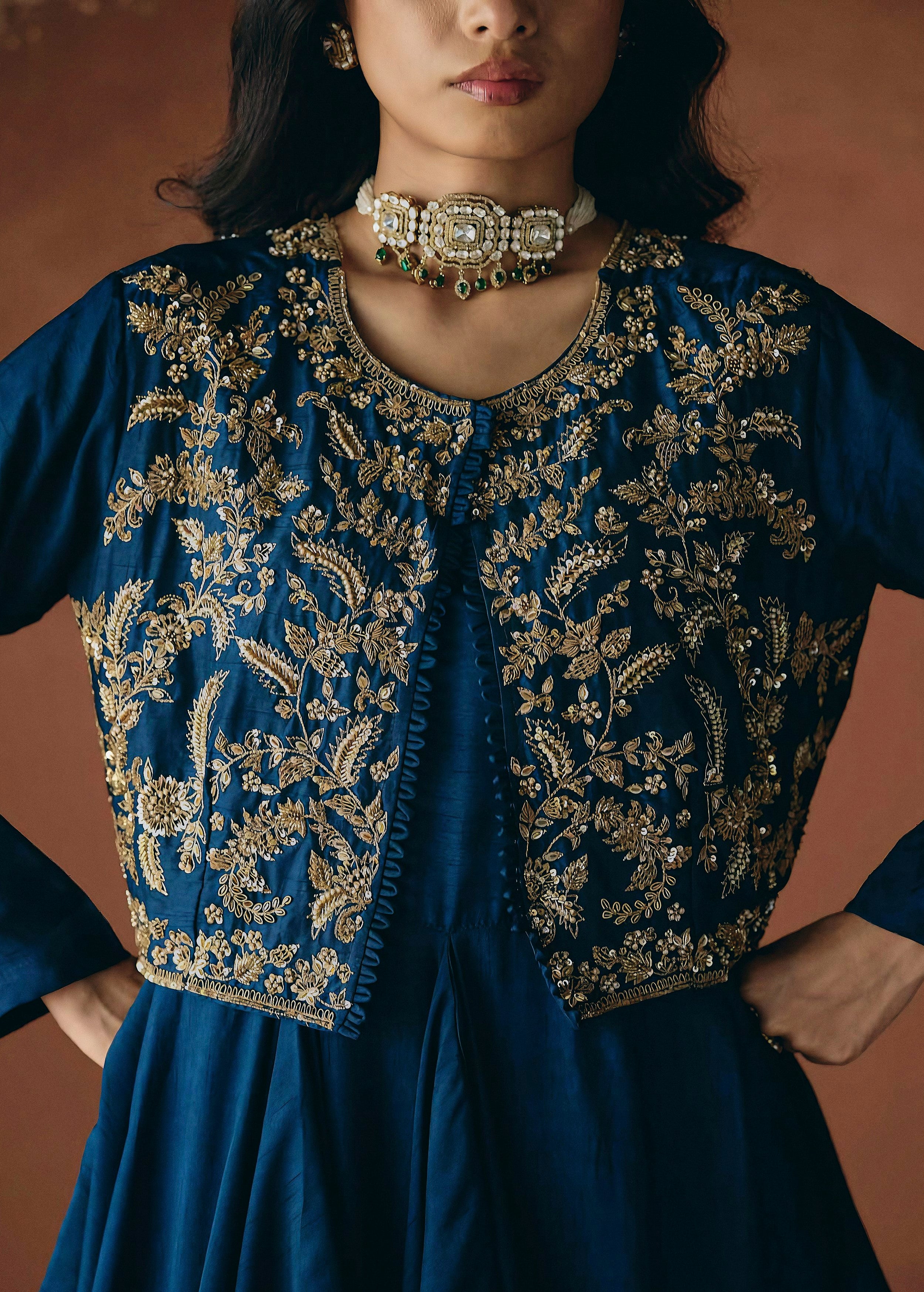 Teal Blue Embellished Raw Silk Gown Set