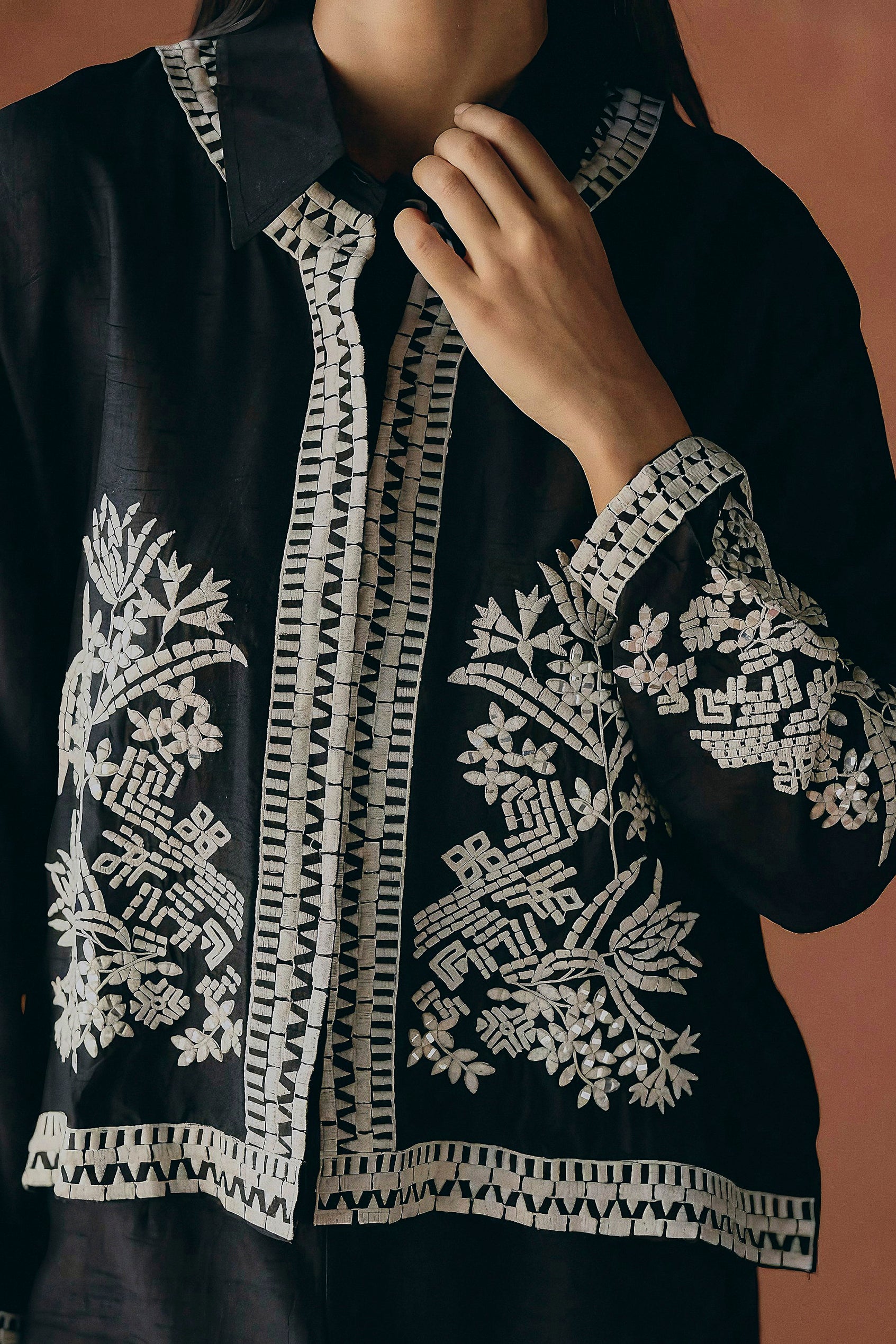 Classic Black Embroidered Raw Silk Co-Ord Set