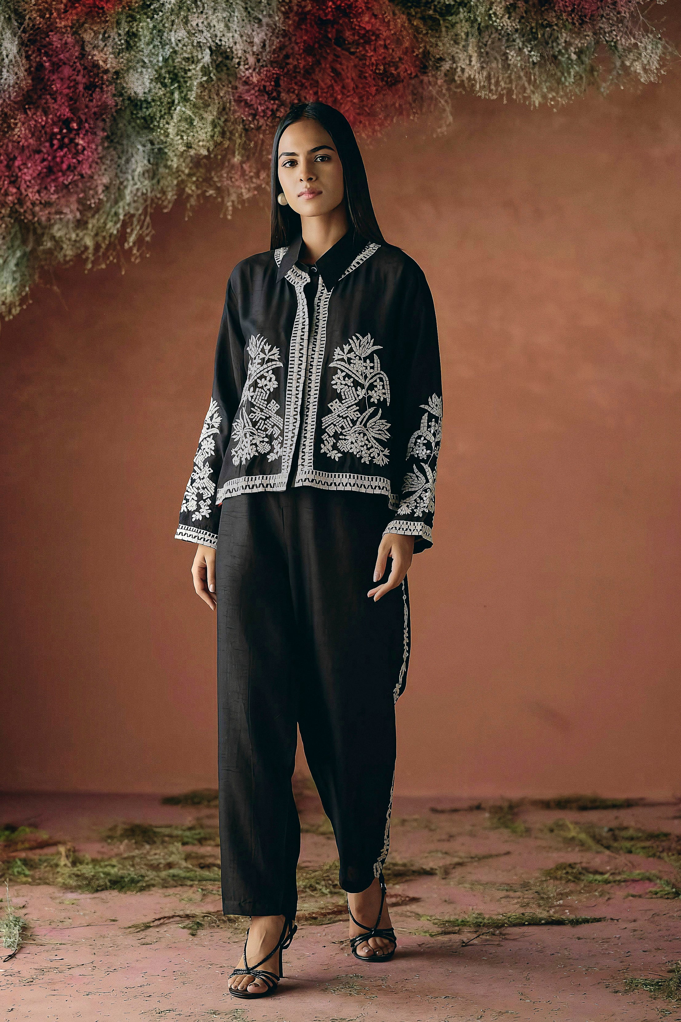 Classic Black Embroidered Raw Silk Co-Ord Set