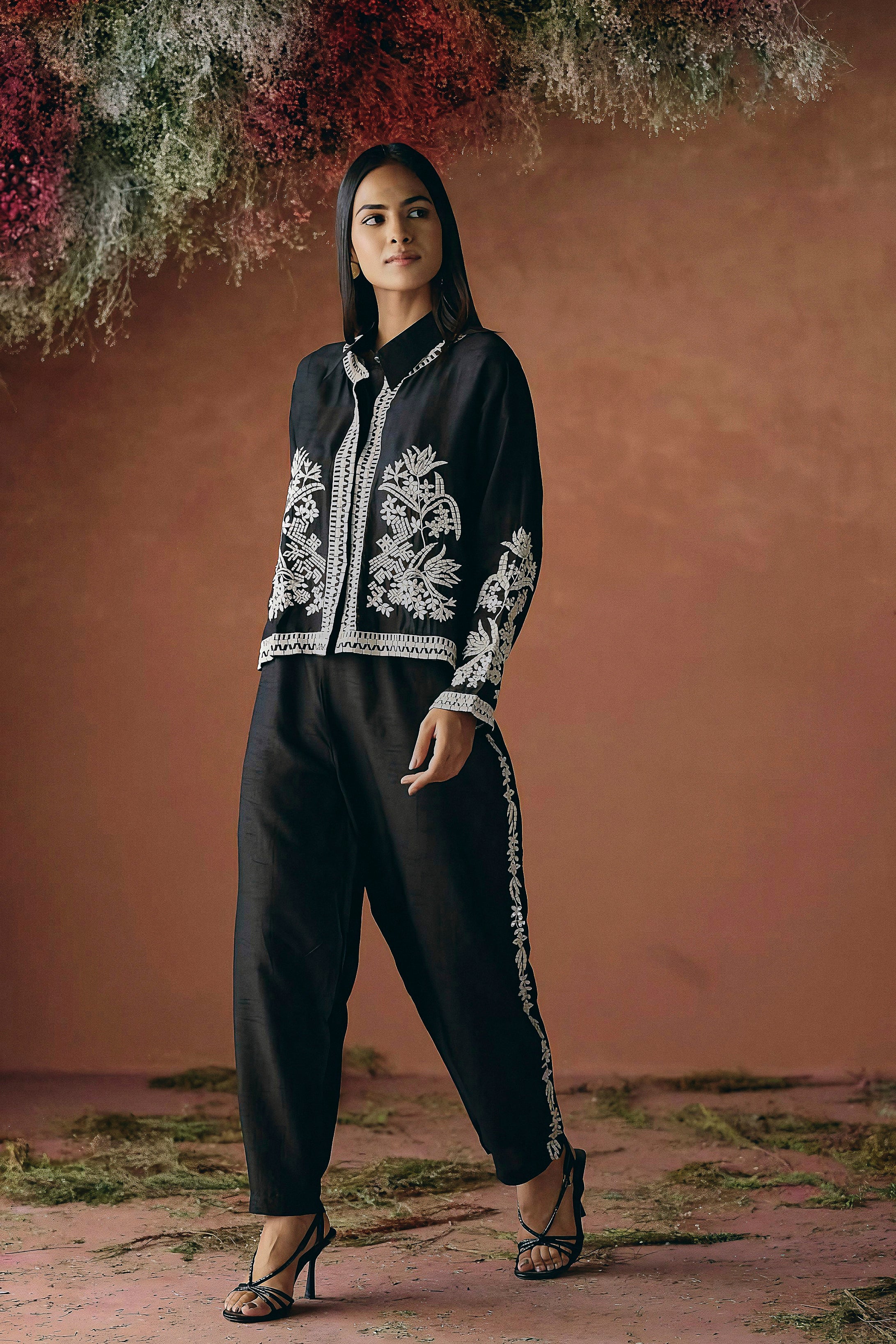 Classic Black Embroidered Raw Silk Co-Ord Set