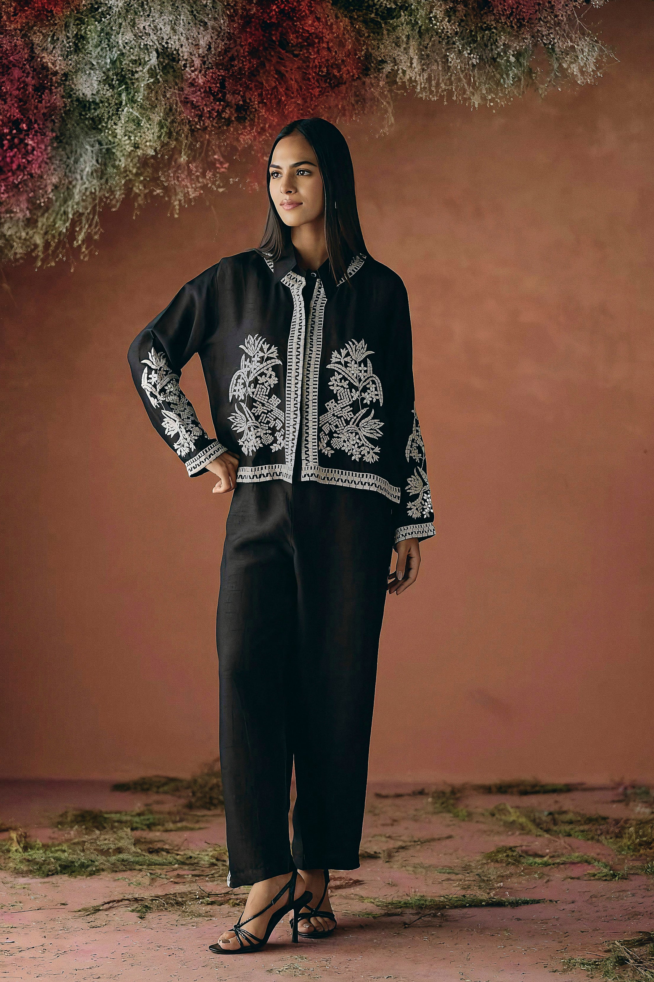 Classic Black Embroidered Raw Silk Co-Ord Set
