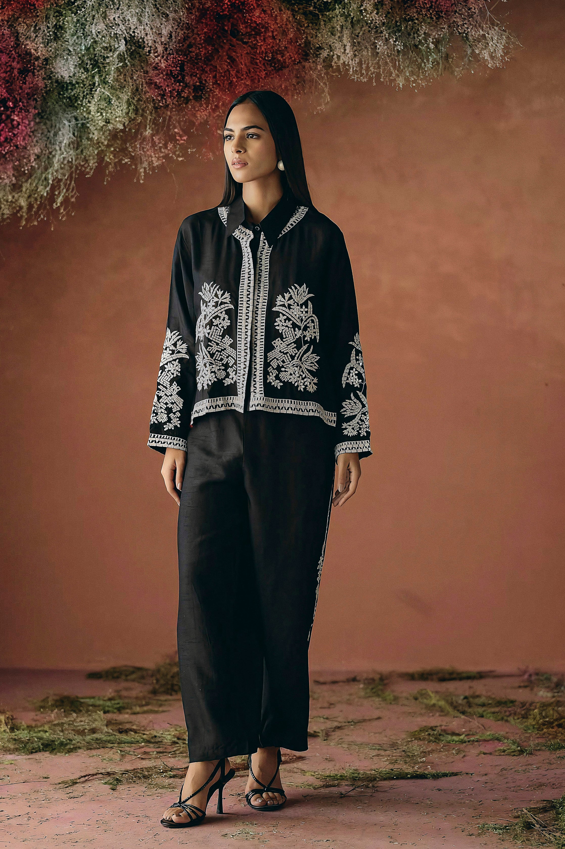 Classic Black Embroidered Raw Silk Co-Ord Set
