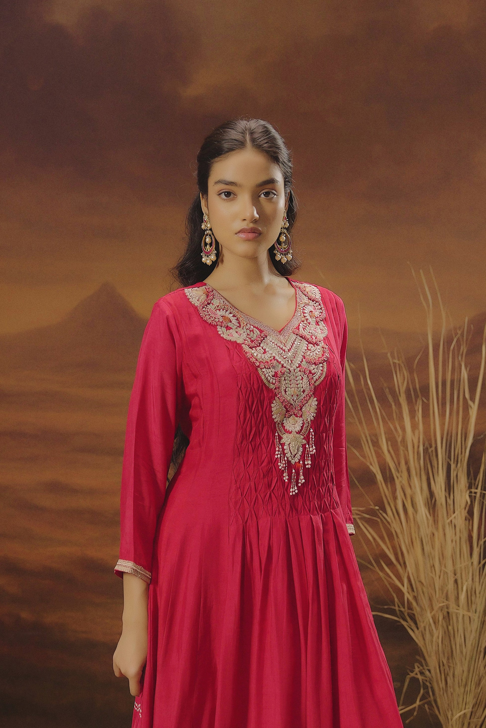 Queen Pink Embellished Raw Silk Anarkali Set