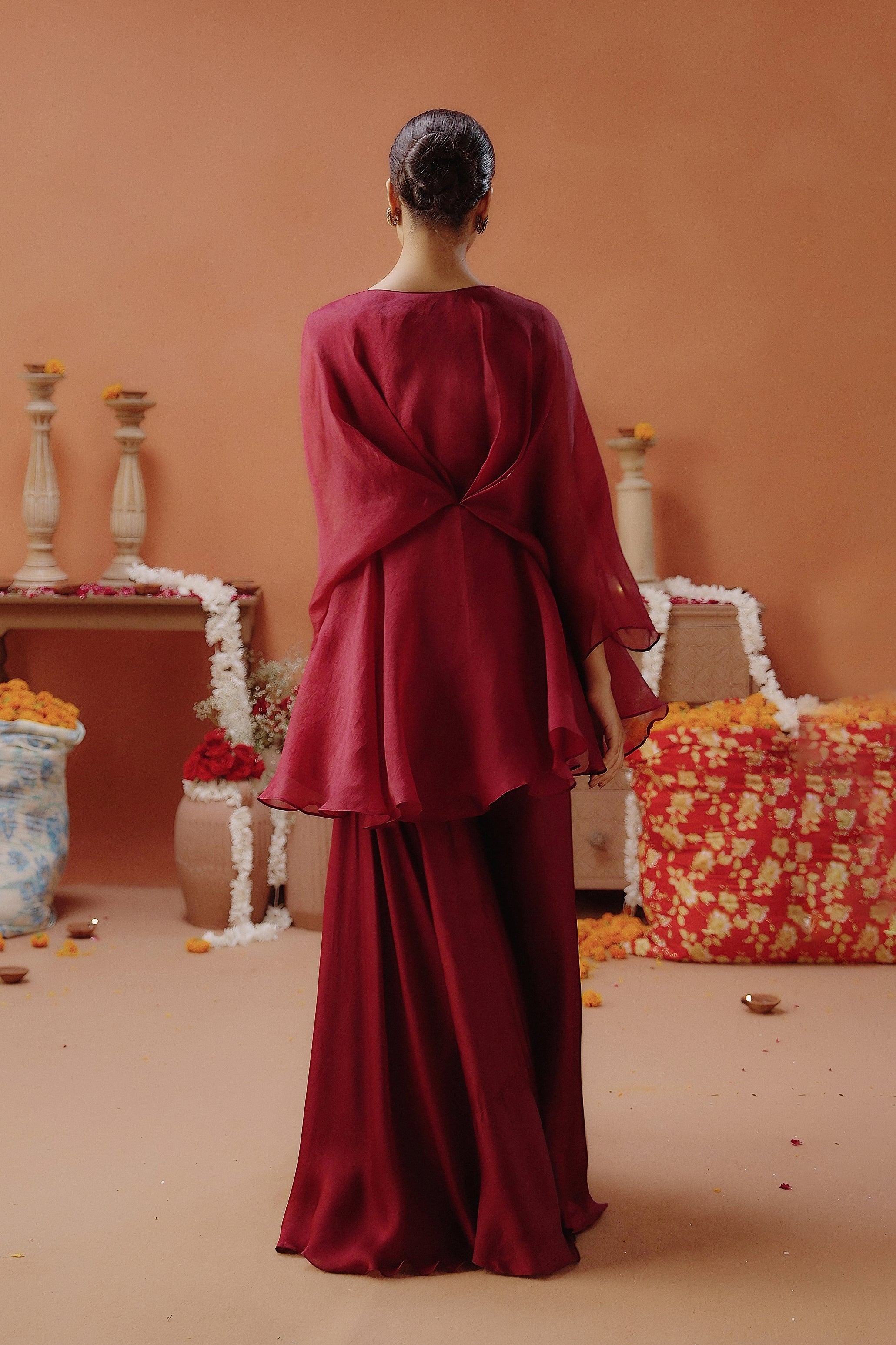 Wine Embellished  Organza Silk Co-Ord Set