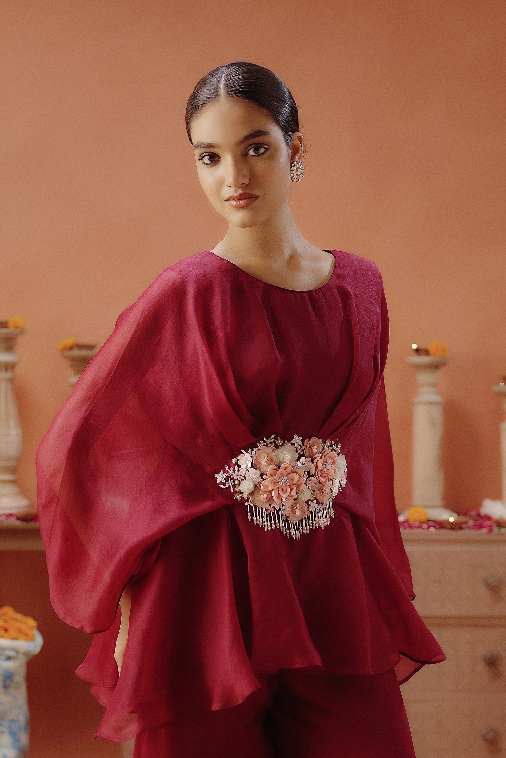 Wine Embellished  Organza Silk Co-Ord Set