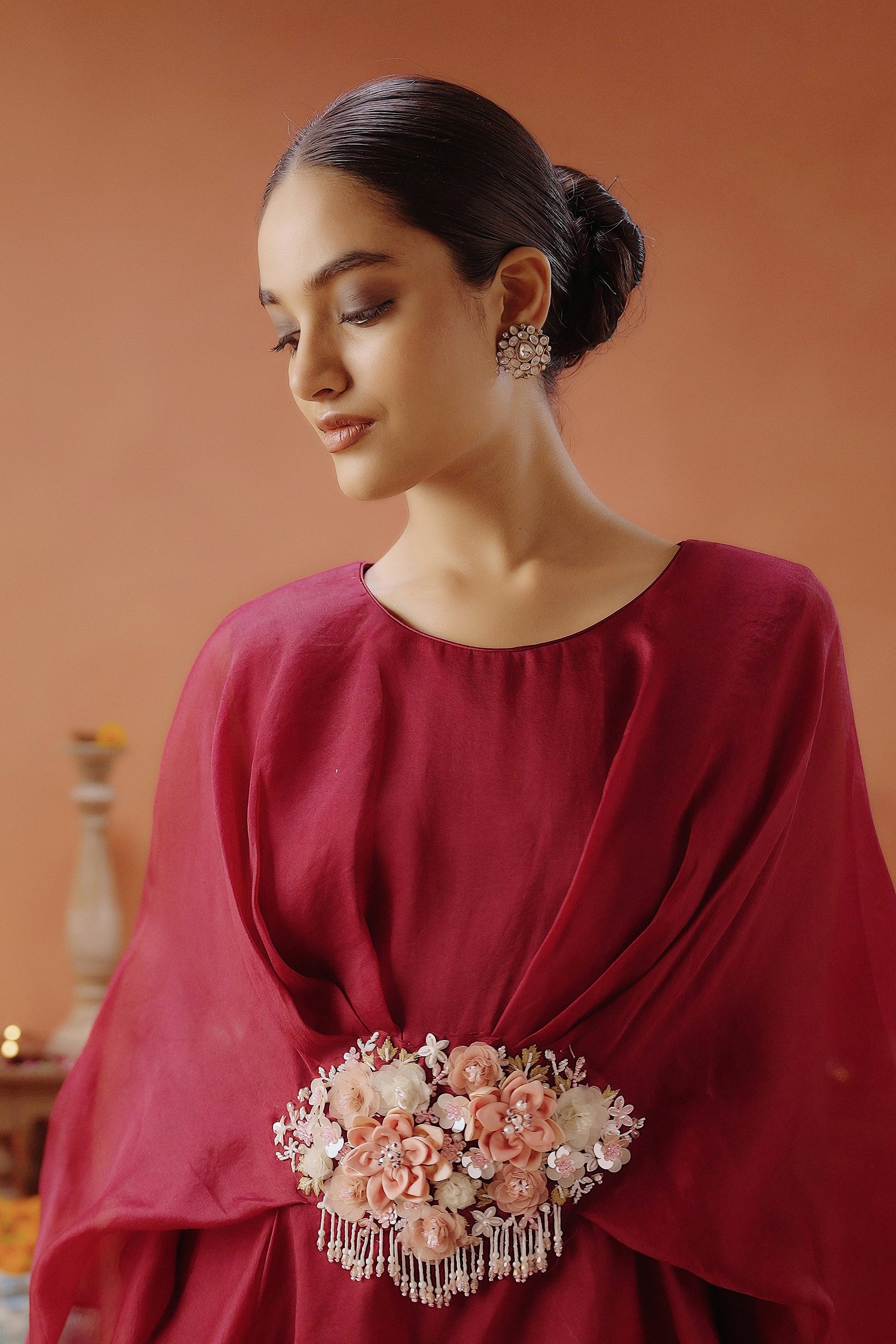 Wine Embellished  Organza Silk Co-Ord Set