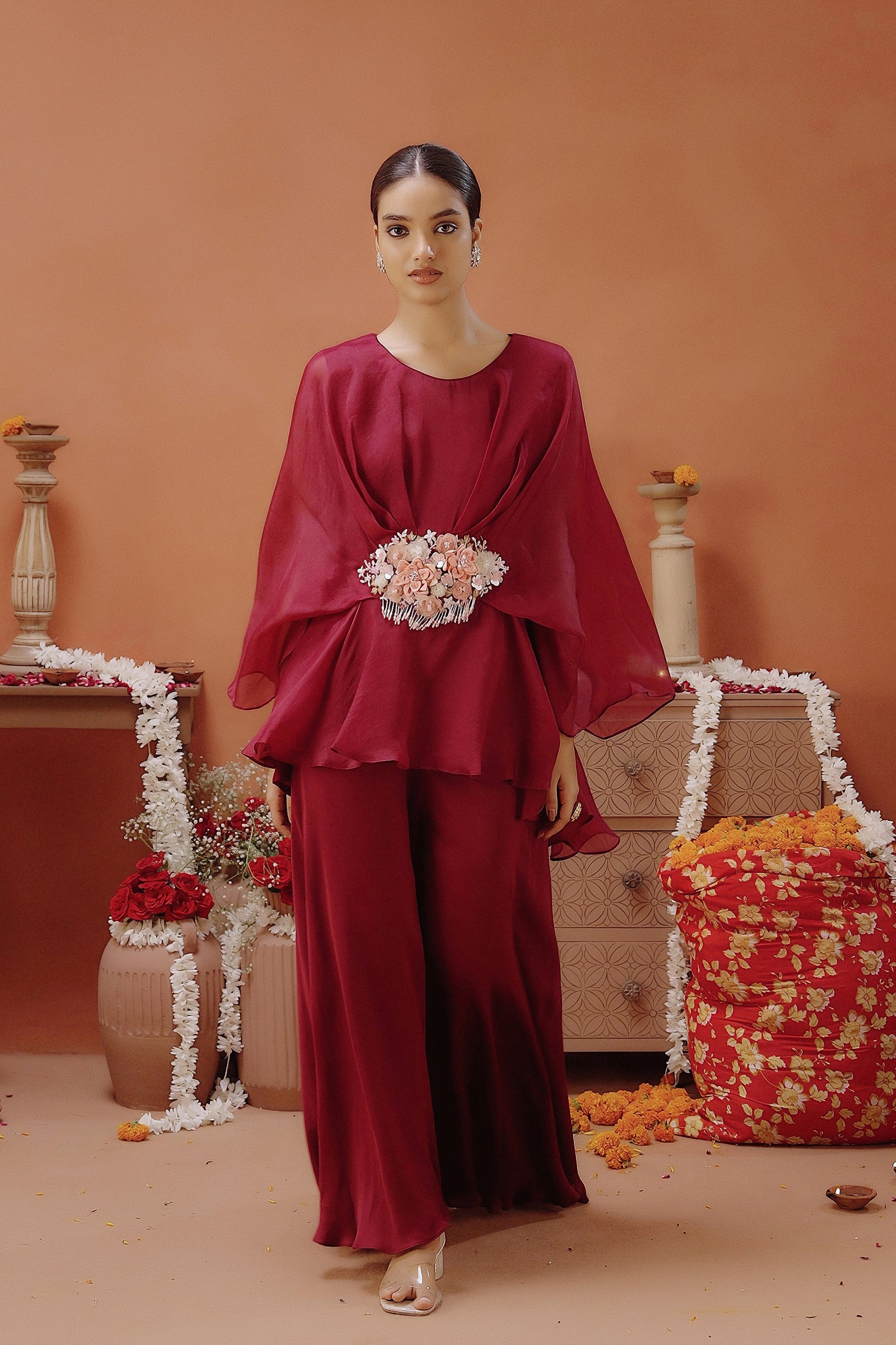 Wine Embellished  Organza Silk Co-Ord Set