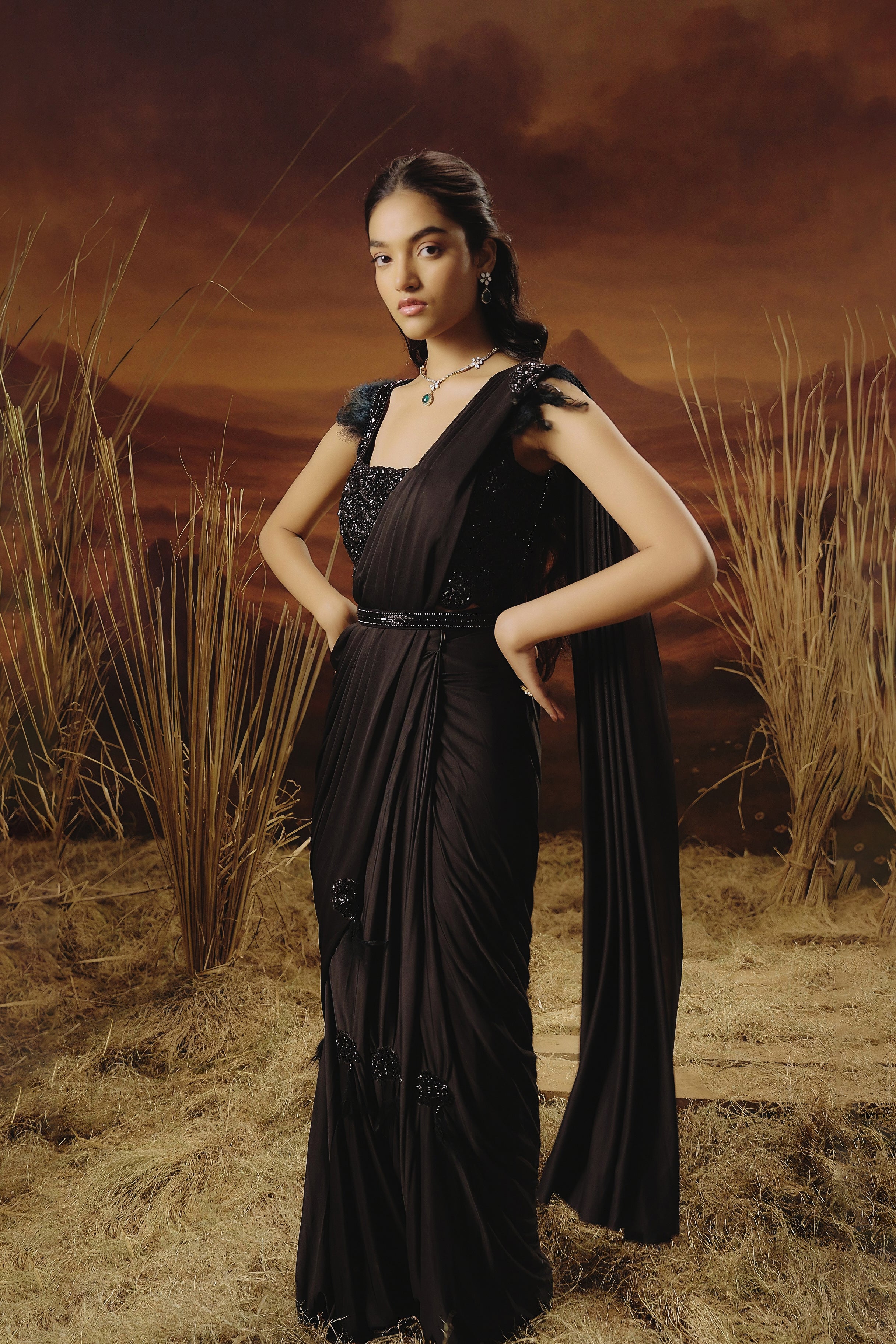 Classic Black Embellished Lycra Silk Draped Saree