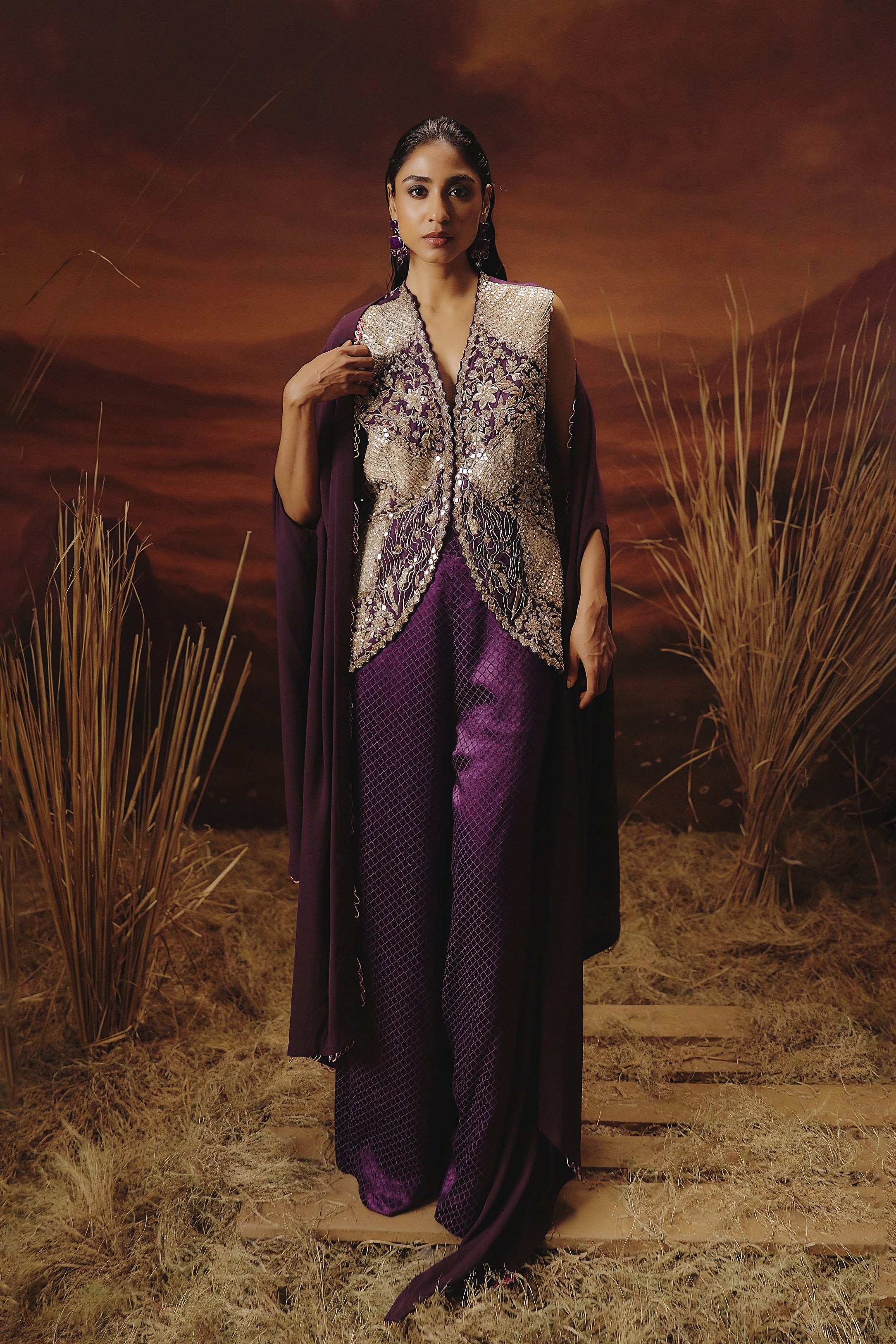 Purple Embellished Jacquard Silk Palazzo Set
