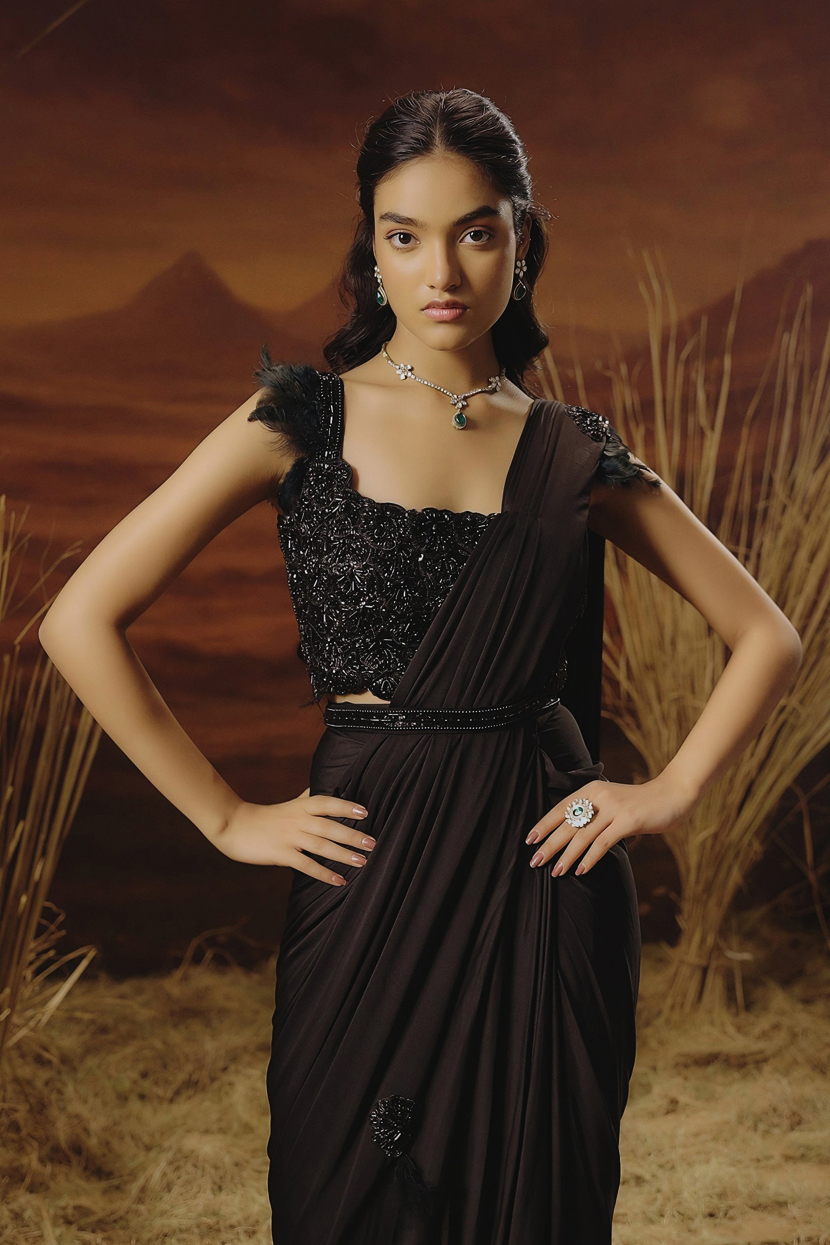 Classic Black Embellished Lycra Silk Draped Saree
