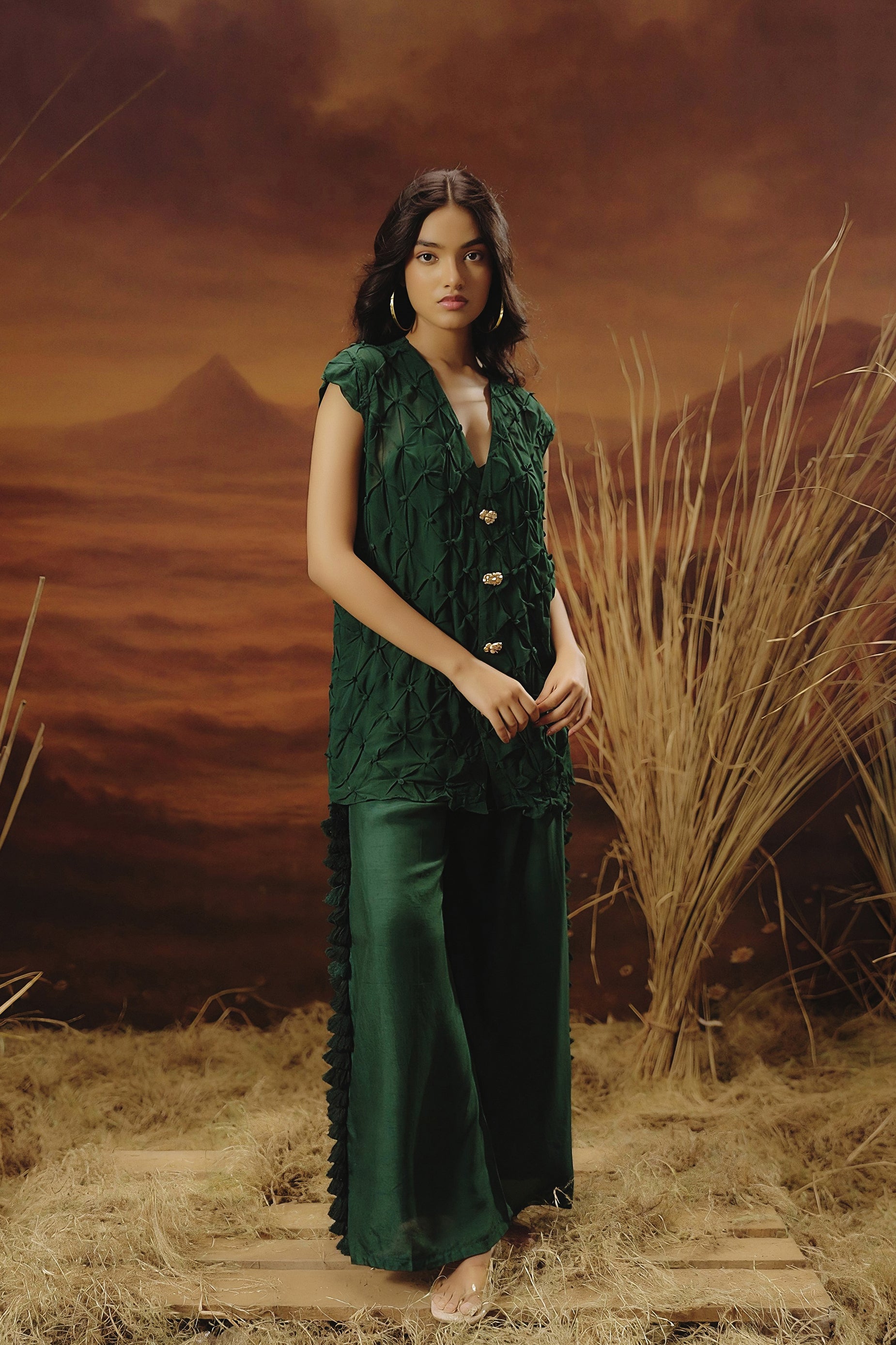 Royal Green Embroidered Raw Silk Co-Ord Set